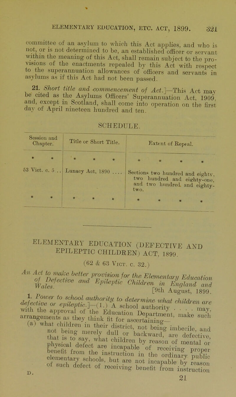 committee of an asylum to which this Act ai^plies, and who is not, or IS not determined to he, an established officer or servant Within the meaning of this Act, shall remain subject to the pro- viszons of the enactments repealed by this Act with respect to the superamiuation allowances of officers and servants in asylums as if this Act had not been pavSsed, 21. Short title and commencement of Act.]—This Act mav be cited as the Asylums Officers’ Superamiuation Act, 1909. and, except in Scotland, shall come into operation on the first day of April nineteen hundred and ten. SCHEDULE. Session and Chapter. Title or Short Title. Extent of Repeal. • * 53 Viet. c. 5 .. * * j * * ♦ Lunacy Act, 1890 « * * * * « Sections two hundred and eig*hty. two hundred and eiirhty-one, and two hundred and eisrhtv- two. * * ^ ^ elementary education (DEFECTIVE AND EPILEPTIC CHILDREN; ACT, 1899. (62 & 68 ViCT. c. 32.) An Act to inalce bettei- promshit for the Elanentarii Jiduartion Wahf « I'AwhndS [9th August, 1899. hi-' ^’“‘dren by reason of mfutal oj phys cal defec are incapable of receivW pionS- Glemi 'i the instruction in the ordinary public of ?nn1 incapable by i-eason ^ ot such delect of receiving benefit from inJtructffin 21