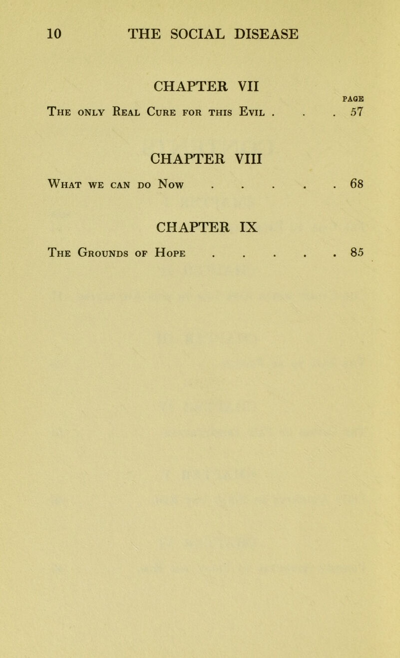 CHAPTER VII The only Real Cure for this Evil . CHAPTER VIII What we can do Now CHAPTER IX The Grounds of Hope PAGE . 57 . 68 . 85