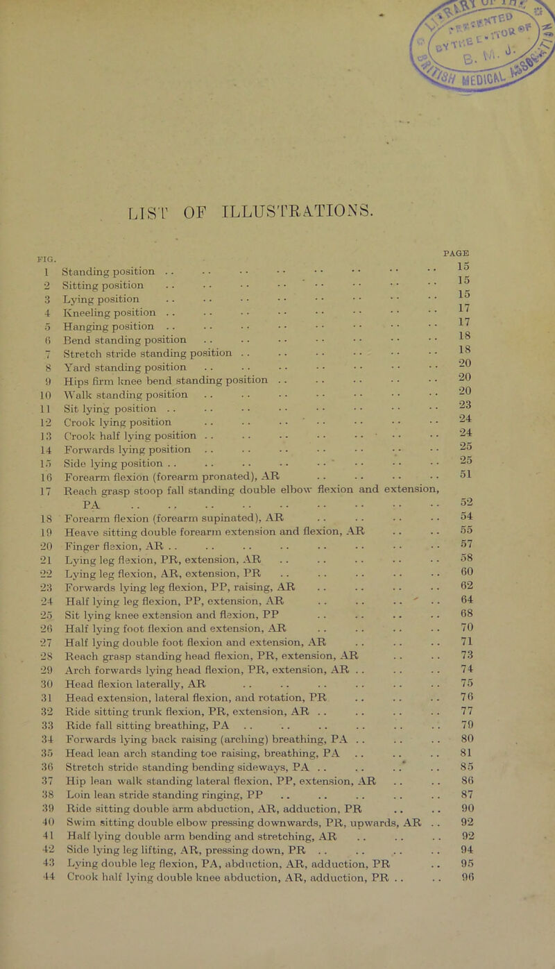 LIST OF ILLUSTRA.TIONS. FIG. I Standing position .. •2 Sitting position . . • • ■ • .. ‘ . 3 Lying position 4 Kneeling position . . .5 Hanging position .. 0 Bend standing position 7 Stretch stride standing position . . 5 Yard standing position 9 Hips firm knee bend standing position .. 10 Walk standing position 11 Sit lying position .. 12 Crook lying position .. .. 13 Crook half lying position .. .. .. • • .. ■ .. 14 Forwards lying position 1.) Side lying position .. .. .. • • • • ' 16 Forearm flexion (forearm pronated), AR 17 Reach grasp stoop fall standing double elbow flexion and extension pa 18 Forearm flexion (forearm supinated), AR 19 Heave sitting double forearm extension and flexion, AR 20 Finger flexion, AR . . 21 Lj'ing leg flexion, PR, extension, AR 22 Lying leg flexion, AR, extension, PR 23 Forwards lying leg flexion, PP, raising, AR 24 Half lying leg flexion, PP, extension, AR .. .. .. ' . 25 Sit lying knee extension and flexion, PP 26 Half lying foot flexion and extension, AR 27 Half lying double foot flexion and extension, AR 28 Reach grasp standing head flexion, PR, extension, AR 29 Arch forwards lying head flexion, PPi., extension, AR .. 30 Head flexion laterally, AR 31 Head extension, lateral flexion, and rotation, PR 32 Ride sitting trunk flexion, PR, extension, AR .. 33 Ride fall sitting breathing, PA 34 Forwards lying back raising (arching) breathing, PA . . 35 Head lean arch standing toe raisuig, breathing, PA 36 Stretch stride standing bending sideways, PA . . 37 Hip lean walk standing lateral flexion, PP, extension, .:1.R 38 Loin lean stride standing ringing, PP 39 Ride sitting double arm abduction, AR, adduction, PR 40 Swim sitting double elbow pressing downwards, PR, upwards, AR . 41 Half lying double arm bending and stretching, AR 42 Side lying leg lifting, AR, pressing down, PR . . 43 Lying double leg flexion, PA, abduction, AR, adduction, PR 44 Crook half lying double knee abduction, AR, adduction, PR .. PAGE 15 15 15 17 17 18 18 20 20 20 23 24 24 25 25 51 52 54 55 57 58 60 62 64 68 70 71 73 74 75 76 77 79 80 81 85 86 87 90 92 92 94 95 96