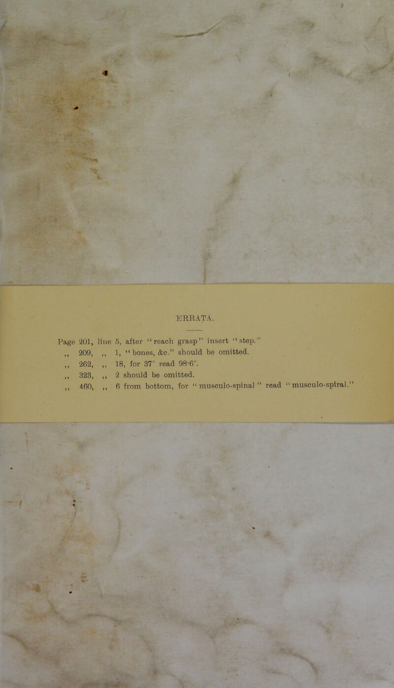ERRATA. Page 201, line 5, after “reach grasp” insert “step.” ,, 209, ,, 1, “bones, &c.” should be omitted. ,, 262, „ 18, for 37 read 98-6. „ 323, ,, 2 should be omitted.