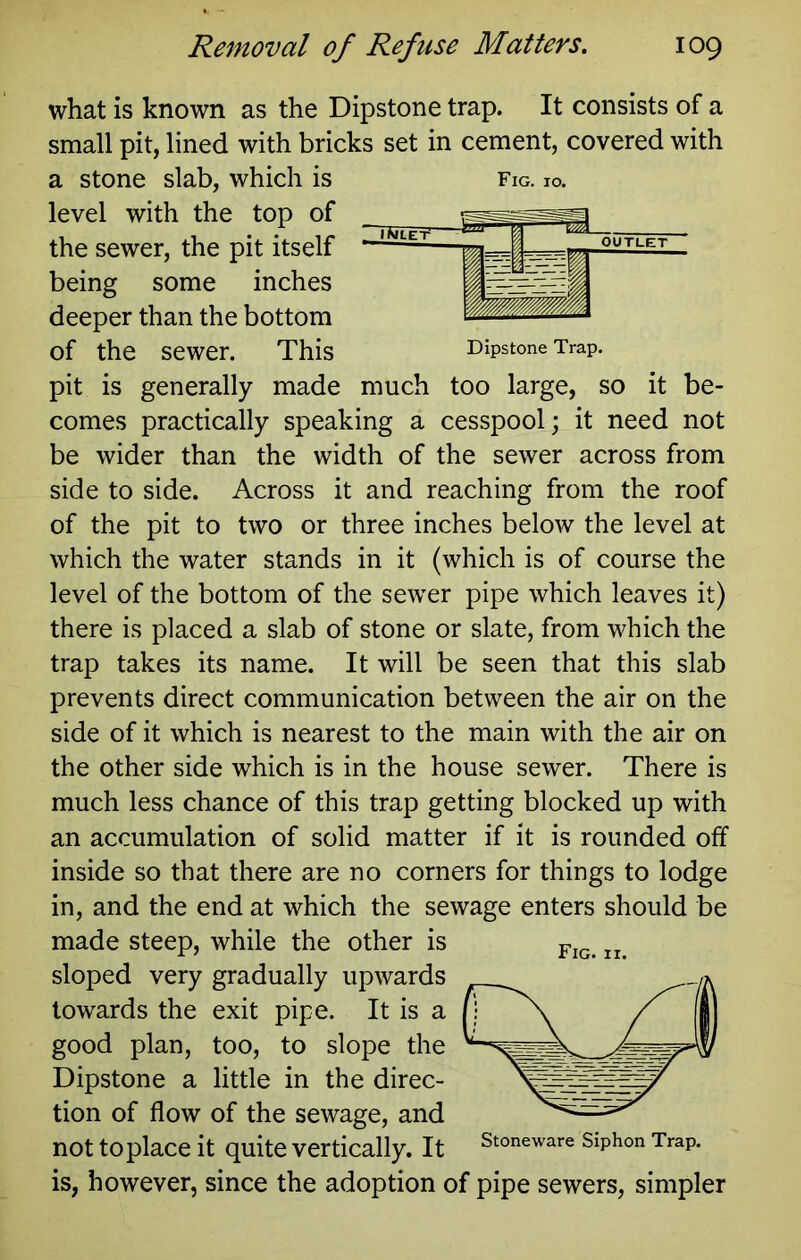 what is known as the Dipstone trap. It consists of a small pit, lined with bricks set in cement, covered with a stone slab, which is level with the top of the sewer, the pit itself being some inches deeper than the bottom of the sewer. This pit is generally made comes practically speaking a cesspool; it need not be wider than the width of the sewer across from side to side. Across it and reaching from the roof of the pit to two or three inches below the level at which the water stands in it (which is of course the level of the bottom of the sewer pipe which leaves it) there is placed a slab of stone or slate, from which the trap takes its name. It will be seen that this slab prevents direct communication between the air on the side of it which is nearest to the main with the air on the other side which is in the house sewer. There is much less chance of this trap getting blocked up with an accumulation of solid matter if it is rounded off inside so that there are no corners for things to lodge in, and the end at which the sewage enters should be made steep, while the other is sloped very gradually upwards towards the exit pipe. It is a good plan, too, to slope the Dipstone a little in the direc- tion of flow of the sewage, and not to place it quite vertically. It stoneware Siphon Trap, is, however, since the adoption of pipe sewers, simpler Fig. II. Fig. 10. i^iLEr Dipstone Trap. much too large, so it be-