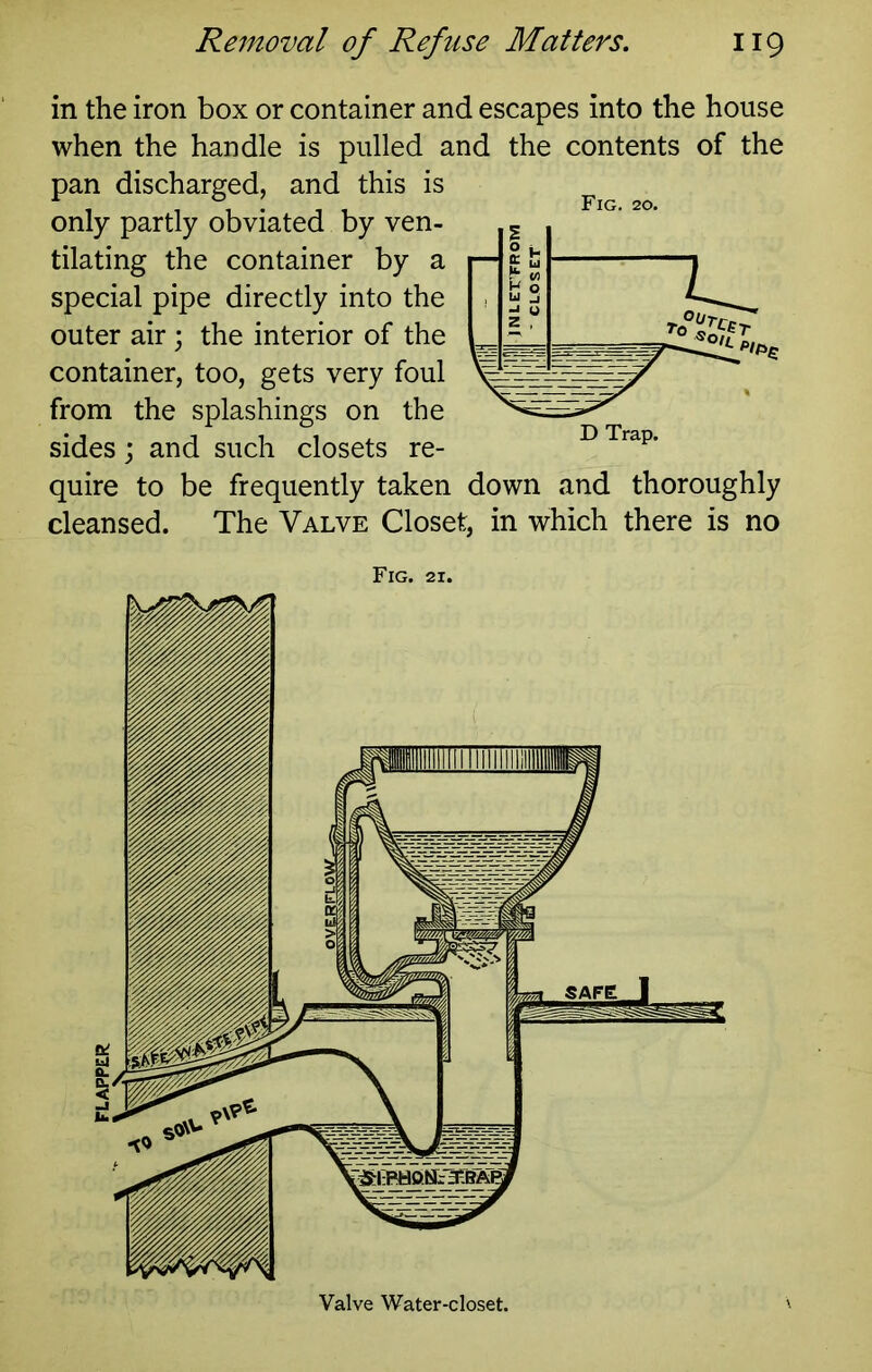 Fig. 20. in the iron box or container and escapes into the house when the handle is pulled and the contents of the pan discharged, and this is only partly obviated by ven- tilating the container by a special pipe directly into the outer air ; the interior of the container, too, gets very foul from the splashings on the sides; and such closets re- quire to be frequently taken down and thoroughly cleansed. The Valve Closet, in which there is no D Trap. Fig. 21. Valve Water-closet.
