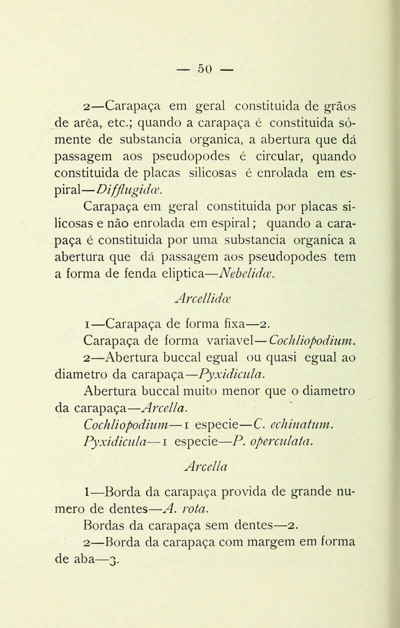 2—Carapaça em geral constituida de grãos de arêa, etc.; quando a carapaça é constituida só- mente de substancia organica, a abertura que dá passagem aos pseudopodes é circular, quando constituida de placas silicosas é enrolada em es- piral— Difflugidoe. Carapaça em geral constituida por placas si- licosas e não enrolada em espiral; quando a cara- paça é constituida por uma substancia organica a abertura que dá passagem aos pseudopodes tem a forma de fenda eliptica—Nebelidoe. Arceilidce 1— Carapaça de forma fixa—2. Carapaça de forma variavel—Cochliopodium. 2— Abertura buccal egual ou quasi egual ao diâmetro da carapaça—Pyxidicula. Abertura buccal muito menor que o diâmetro da carapaça—Arcella. Cochliopodium—1 especie—C. echinatum. Pyxidicula—1 especie—P. operculala. Arcella 1— Borda da carapaça provida de grande nu- mero de dentes—A. rota. Bordas da carapaça sem dentes—2. 2— Borda da carapaça com margem em forma de aba—3.