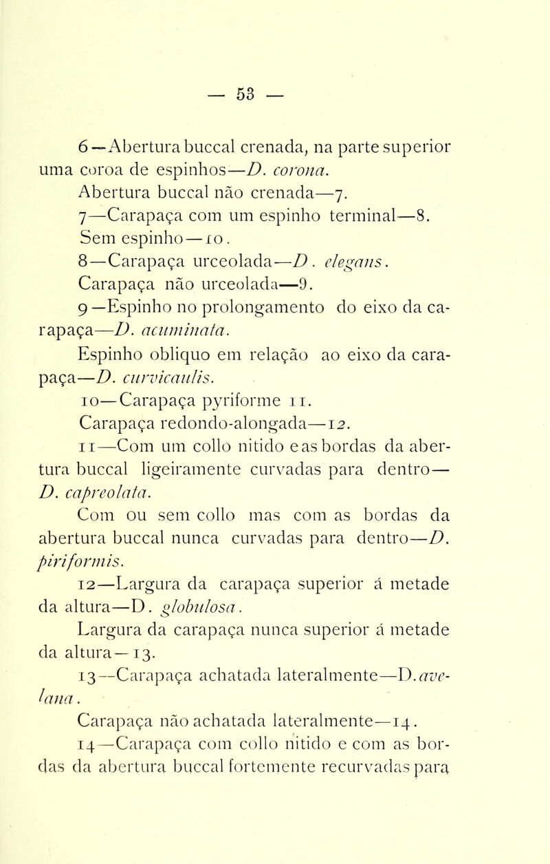 6— Abertura buccal crenada, na parte superior uma coroa de espinhos—D. corona. Abertura buccal não crenada—7. 7— Carapaça com um espinho terminal-—8. Sem espinho — io. 8— Carapaça urceolada-—D. elegans. Carapaça não urceolada—9. 9— Espinho no prolongamento do eixo da ca- rapaça—D. acuminata. Espinho obliquo em relação ao eixo da cara- paça—D. curvicaulis. 10— Carapaça pyriforme 11. Carapaça redondo-alongada—12. 11— Com um collo nitido easbordas da aber- tura buccal ligeiramente curvadas para dentro— D. capreolata. Com ou sem collo mas com as bordas da abertura buccal nunca curvadas para dentro—D. piriformis. 12— Largura da carapaça superior á metade da altura—D. globulosa. Largura da carapaça nunca superior á metade da altura—13. 13— Carapaça achatada lateral mente—D .ave- fana. Carapaça não achatada lateralmente—14. 14— Carapaça com collo nitido e com as bor- das da abertura buccal fortemente recurvadas para