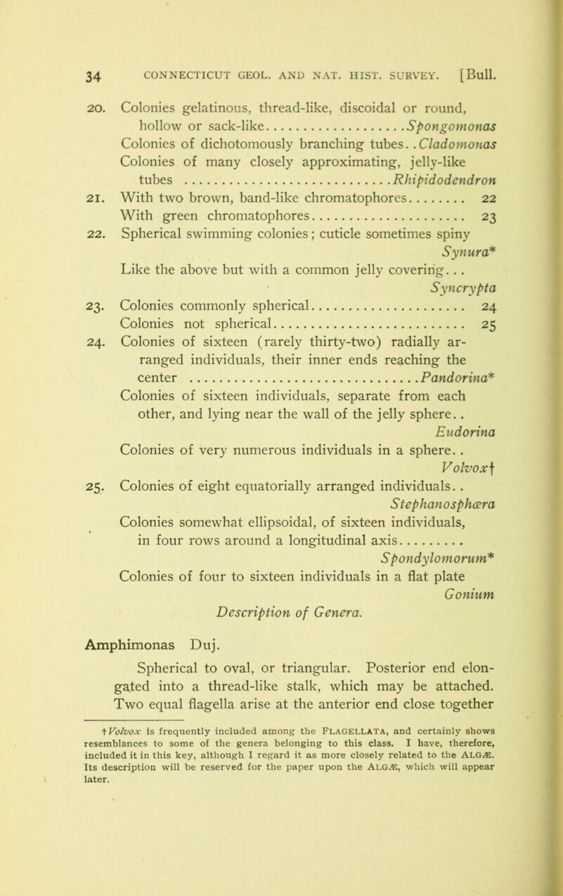 20. 21. 22. 23- 24. 25- Colonies gelatinous, thread-like, discoidal or round, hollow or sack-like Spongomonas Colonies of dichotomously branching tubes. .Cladomonas Colonies of many closely approximating, jelly-like tubes Rhipidodendron With two brown, band-like chromatophores 22 With green chromatophores 23 Spherical swimming colonies; cuticle sometimes spiny Synura* Like the above but with a common jelly covering. .. Syncrypta Colonies commonly spherical 24 Colonies not spherical 25 Colonies of sixteen (rarely thirty-two) radially ar- ranged individuals, their inner ends reaching the center Pandorina* Colonies of sixteen individuals, separate from each other, and lying near the wall of the jelly sphere.. Endorina Colonies of very numerous individuals in a sphere. . Volvox f Colonies of eight equatorially arranged individuals.. Stephanosphcera Colonies somewhat ellipsoidal, of sixteen individuals, in four rows around a longitudinal axis Spondylomorum* Colonies of four to sixteen individuals in a flat plate Gonium Description of Genera, Amphimonas Duj. Spherical to oval, or triangular. Posterior end elon- gated into a thread-like stalk, which may be attached. Two equal flagella arise at the anterior end close together t Volvox is frequently included among the Flagellata, and certainly shows resemblances to some of the genera belonging to this class. I have, therefore, included it in this key, although I regard it as more closely related to the ALG/E. Its description will be reserved for the paper upon the ALG-®, which will appear later.