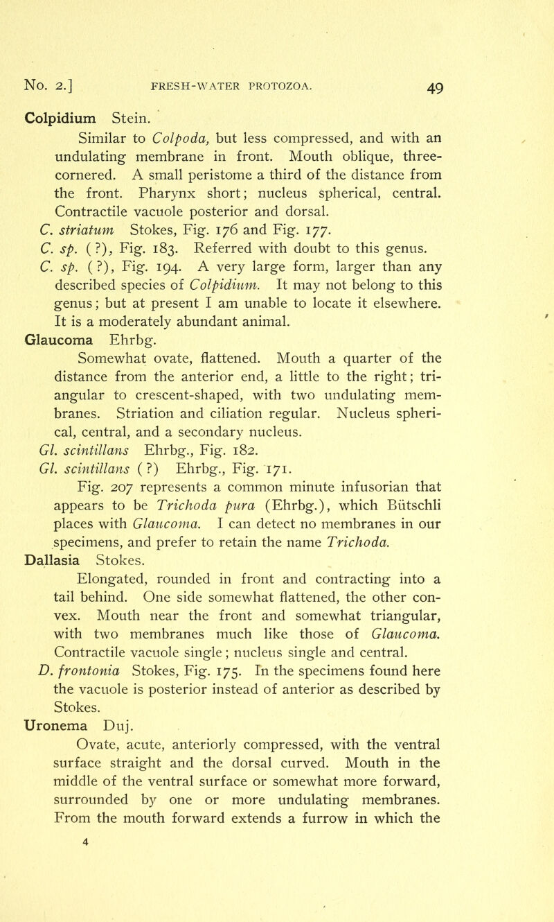 Colpidium Stein. Similar to Colpoda, but less compressed, and with an undulating membrane in front. Mouth oblique, three- cornered. A small peristome a third of the distance from the front. Pharynx short; nucleus spherical, central. Contractile vacuole posterior and dorsal. C. striatum Stokes, Fig. 176 and Fig. 177. C. sp. (?), Fig. 183. Referred with doubt to this genus. C. sp. (?), Fig. 194. A very large form, larger than any described species of Colpidium. It may not belong to this genus; but at present I am unable to locate it elsewhere. It is a moderately abundant animal. Glaucoma Ehrbg. Somewhat ovate, flattened. Mouth a quarter of the distance from the anterior end, a little to the right; tri- angular to crescent-shaped, with two undulating mem- branes. Striation and ciliation regular. Nucleus spheri- cal, central, and a secondary nucleus. Gl. scintillans Ehrbg., Fig. 182. Gl. scintillans (?) Ehrbg., Fig. 171. Fig. 207 represents a common minute infusorian that appears to be Trichoda pura (Ehrbg.), which Biitschli places with Glaucoma. I can detect no membranes in our specimens, and prefer to retain the name Trichoda. Dallasia Stokes. Elongated, rounded in front and contracting into a tail behind. One side somewhat flattened, the other con- vex. Mouth near the front and somewhat triangular, with two membranes much like those of Glaucoma. Contractile vacuole single; nucleus single and central. D. frontonia Stokes, Fig. 175. In the specimens found here the vacuole is posterior instead of anterior as described by Stokes. Uronema Duj. Ovate, acute, anteriorly compressed, with the ventral surface straight and the dorsal curved. Mouth in the middle of the ventral surface or somewhat more forward, surrounded by one or more undulating membranes. From the mouth forward extends a furrow in which the 4