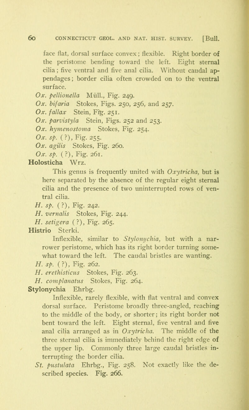 face flat, dorsal surface convex; flexible. Right border of the peristome bending toward the left. Eight sternal cilia; five ventral and five anal cilia. Without caudal ap- pendages; border cilia often crowded on to the ventral surface. Ox. pellionella Mull., Fig. 249. Ox. bifaria Stokes, Figs. 250, 256, and 257. Ox. fallax Stein, Fig. 251. Ox. parvistyla Stein, Figs. 252 and 253. Ox. hymenostoma Stokes, Fig. 254. Ox. sp. (?), Fig. 255. Ox. agilis Stokes, Fig. 260. Ox. sp. ( ?), Fig. 261. Holosticha Wrz. This genus is frequently united with Oxytricha, but is here separated by the absence of the regular eight sternal cilia and the presence of two uninterrupted rows of ven- tral cilia. H. sp. (?), Fig. 242. H. vernalis Stokes, Fig. 244. H. setigera (?), Fig. 265. Histrio Sterki. Inflexible, similar to Stylonychia, but with a nar- rower peristome, which has its right border turning some- what toward the left. The caudal bristles are wanting. H. sp. (?), Fig. 262. H. erethisticus Stokes, Fig. 263. H. complanatus Stokes, Fig. 264. Stylonychia Ehrbg. Inflexible, rarely flexible, with flat ventral and convex dorsal surface. Peristome broadly three-angled, reaching to the middle of the body, or shorter; its right border not bent toward the left. Eight sternal, five ventral and five anal cilia arranged as in Oxytricha. The middle of the three sternal cilia is immediately behind the right edge of the upper lip. Commonly three large caudal bristles in- terrupting the border cilia. St. pustalata Ehrbg., Fig. 258. Not exactly like the de- scribed species. Fig. 266.