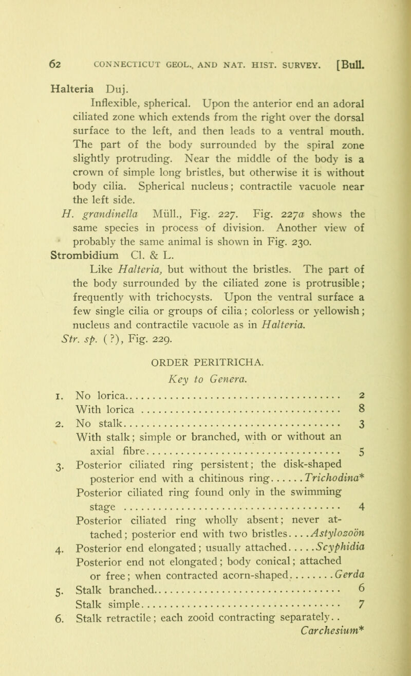 Halteria Duj. Inflexible, spherical. Upon the anterior end an adoral ciliated zone which extends from the right over the dorsal surface to the left, and then leads to a ventral mouth. The part of the body surrounded by the spiral zone slightly protruding. Near the middle of the body is a crown of simple long bristles, but otherwise it is without body cilia. Spherical nucleus; contractile vacuole near the left side. H. grandinella Mull., Fig. 227. Fig. 227a shows the same species in process of division. Another view of probably the same animal is shown in Fig. 230. Strombidium Cl. & L. Like Halteria, but without the bristles. The part of the body surrounded by the ciliated zone is protrusible; frequently with trichocysts. Upon the ventral surface a few single cilia or groups of cilia; colorless or yellowish; nucleus and contractile vacuole as in Halteria. Str. sp. ( ?), Fig. 229. 6. ORDER PERITRICHA. Key to Genera. No lorica 2 With lorica 8 No stalk 3 With stalk; simple or branched, with or without an axial fibre 5 Posterior ciliated ring persistent; the disk-shaped posterior end with a chitinous ring Trichodina* Posterior ciliated ring found only in the swimming stage 4 Posterior ciliated ring wholly absent; never at- tached; posterior end with two bristles... .Astylozoon Posterior end elongated; usually attached Scyphidia Posterior end not elongated; body conical; attached or free; when contracted acorn-shaped. Gerda Stalk branched 6 Stalk simple 7 Stalk retractile; each zooid contracting separately.. Carchesium*