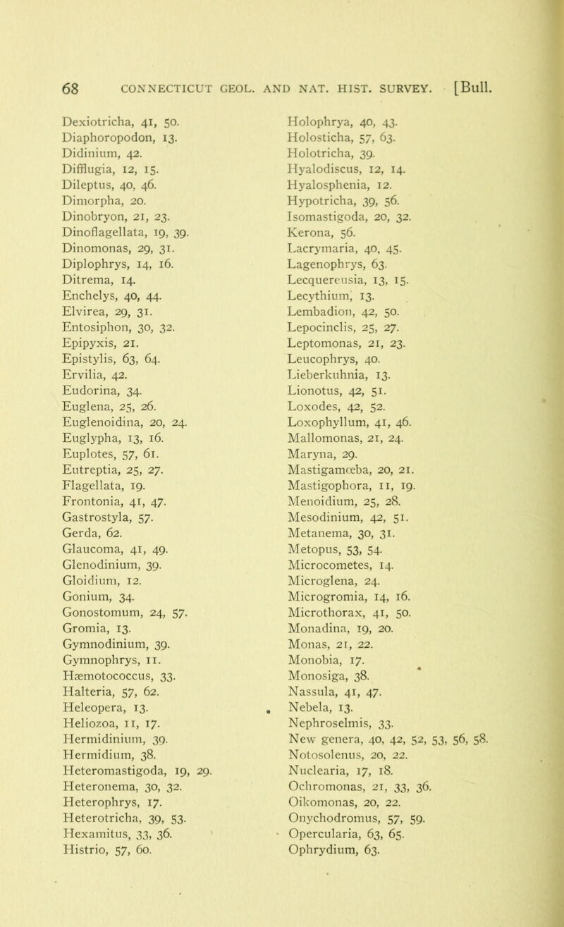 Dexiotricha, 41, 50. Diaphoropodon, 13. Didinium, 42. Difflugia, 12, 15. Dileptus, 40, 46. Dimorpha, 20. Dinobryon, 21, 23. Dinoflagellata, 19, 39. Dinomonas, 29, 31. Diplophrys, 14, 16. Ditrema, 14. Enchelys, 40, 44. Elvirea, 29, 31. Entosiphon, 30, 32. Epipyxis, 21. Epistylis, 63, 64. Ervilia, 42. Eudorina, 34. Euglena, 25, 26. Euglenoidina, 20, 24. Euglypha, 13, 16. Euplotes, 57, 61. Eutreptia, 25, 27. Flagellata, 19. Frontonia, 41, 47. Gastrostyla, 57. Gerda, 62. Glaucoma, 41, 49. Glenodinium, 39. Gloidium, 12. Gonium, 34. Gonostomum, 24, 57. Gromia, 13. Gymnodinium, 39. Gymnophrys, II. Hsemotococcus, 33. Halteria, 57, 62. Heleopera, 13. Heliozoa, 11, 17. Hermidinium, 39. Hermidium, 38. Heteromastigoda, 19, 29. Heteronema, 30, 32. Heterophrys, 17. Heterotricha, 39, 53. Hexamitus, 33, 36. Histrio, 57, 60. Holophrya, 40, 43. Holosticha, 57, 63. Holotricha, 39. Hyalodiscus, 12, 14. Hyalosphenia, 12. Hypotricha, 39, 56. Isomastigoda, 20, 32. Kerona, 56. Lacrymaria, 40, 45. Lagenophrys, 63. Lecquereusia, 13, 15. Lecythium, 13. Lembadion, 42, 50. Lepocinclis, 25, 27. Leptomonas, 21, 23. Leucophrys, 40. Lieberkuhnia, 13. Lionotus, 42, 51. Loxodes, 42, 52. Loxophyllum, 41, 46. Mallomonas, 21, 24. Maryna, 29. Mastigamoeba, 20, 21. Mastigophora, 11, 19. Menoidium, 25, 28. Mesodinium, 42, 51. Metanema, 30, 31. Metopus, 53, 54. Microcometes, 14. Microglena, 24. Microgromia, 14, 16. Microthorax, 41, 50. Monadina, 19, 20. Monas, 21, 22. Monobia, 17. Monosiga, 38. Nassula, 41, 47. Nebela, 13. Nephroselmis, 33. New genera, 40, 42, 52, 53, 56, 58. Notosolenus, 20, 22. Nuclearia, 17, 18. Ochromonas, 21, 33, 36. Oikomonas, 20, 22. Onychodromus, 57, 59. Opercularia, 63, 65. Ophrydium, 63.