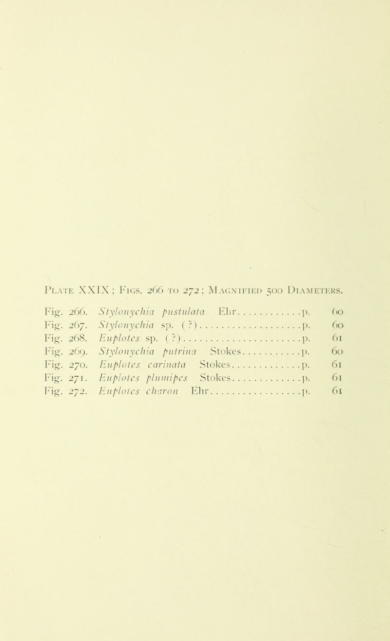 Fig*. 266. Sty!onychia pustulata Ehr p. (>o Fig*. 267. Stylonychia sp. ( ?) p. 60 Fig. 268. Euplotes sp. ( ?) p. 61 Fig. 269. Stylonychia putrina Stokes p. 60 Fig. 270. Euplotes carinata Stokes p. 61 Fig. 271. Euplotes plumipes Stokes p. 61