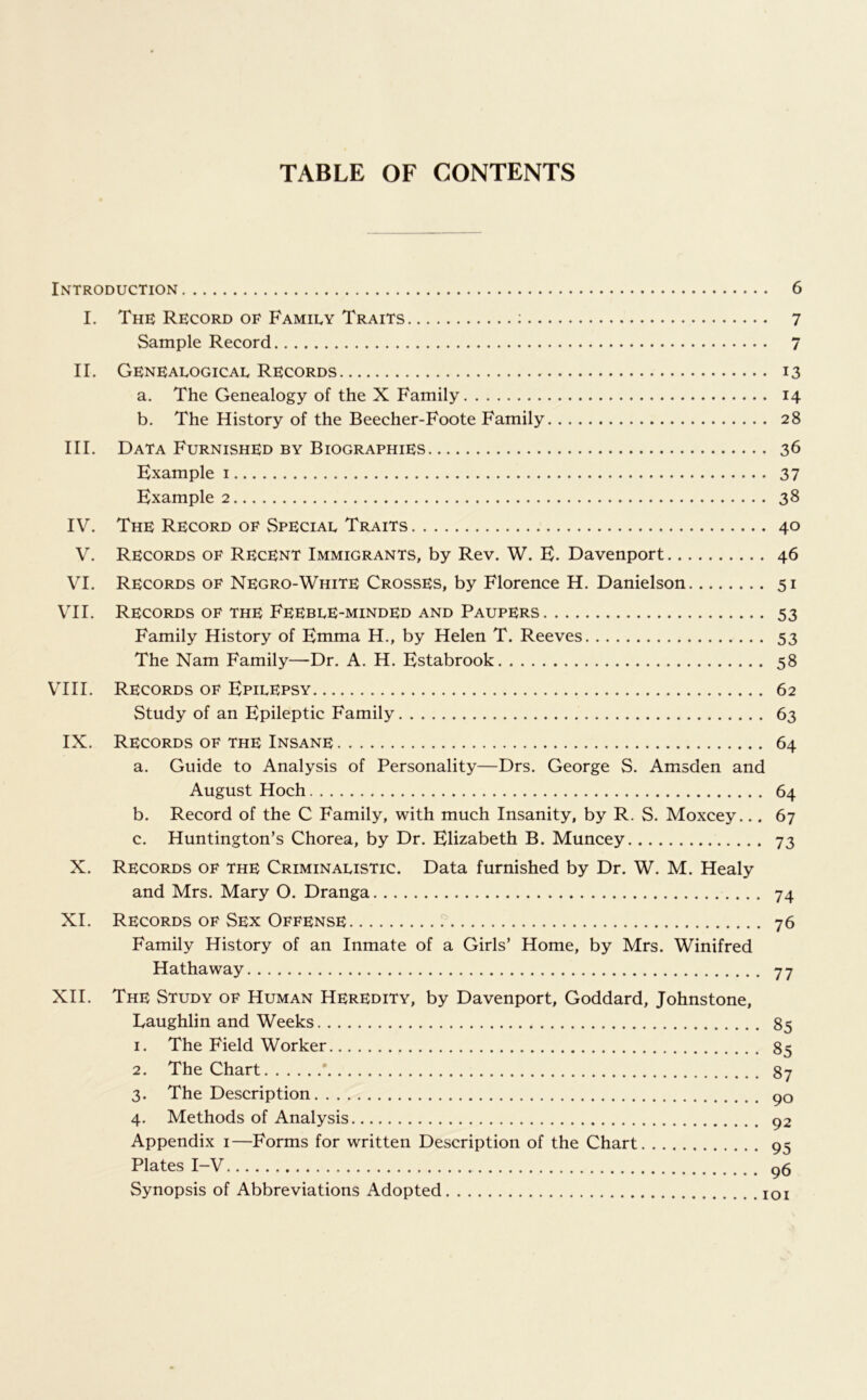 Introduction 6 I. The Record of Family Traits : 7 Sample Record 7 II. Genealogical Records 13 a. The Genealogy of the X Family 14 b. The History of the Beecher-Foote Family 28 III. Data Furnished by Biographies 36 Example i 37 Example 2 38 IV. The Record OF Special Traits 40 V. Records of Recent Immigrants, by Rev. W. E. Davenport 46 VI. Records of Negro-White Crosses, by Florence H. Danielson 51 VTI. Records OF THE Feeble-minded AND Paupers 53 Family History of Emma H., by Helen T. Reeves 53 The Nam Family—Dr. A. H. Estabrook 58 VIII. Records of Epilepsy 62 Study of an Epileptic Family 63 IX. Records of the Insane 64 a. Guide to Analysis of Personality—Drs. George S. Amsden and August Hoch 64 b. Record of the C Family, with much Insanity, by R. S. Moxcey... 67 c. Huntington’s Chorea, by Dr. Elizabeth B. Muncey 73 X. Records of the Criminalistic. Data furnished by Dr. W. M. Healy and Mrs. Mary O. Dranga 74 XI. Records of Sex Offense ? 76 Family History of an Inmate of a Girls’ Home, by Mrs. Winifred Hathaway 77 XII. The Study of Human Heredity, by Davenport, Goddard, Johnstone, Eaughlin and Weeks 85 1. The Field Worker 85 2. The Chart * 87 3. The Description go 4. Methods of Analysis 92 Appendix i—Forms for written Description of the Chart 95 Plates I-V 96 Synopsis of Abbreviations Adopted