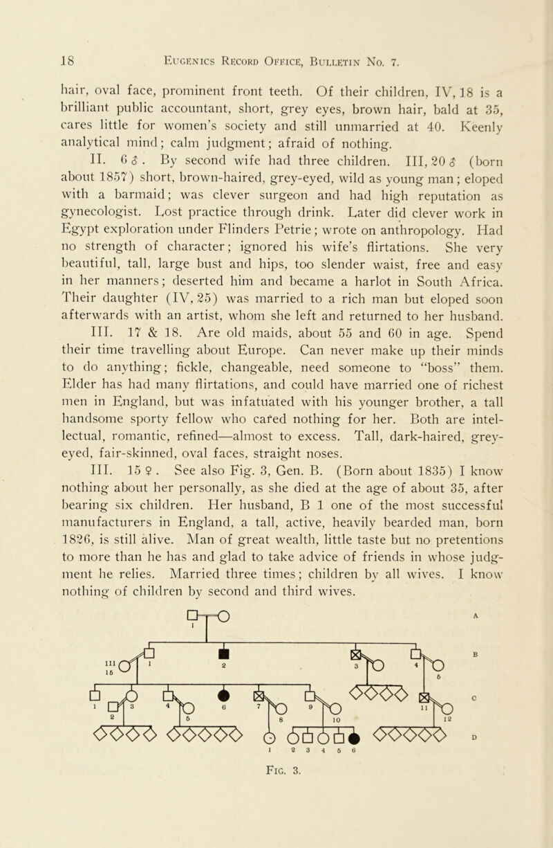 hair, oval face, prominent front teeth. Of their children, IV, 18 is a brilliant public accountant, short, grey eyes, brown hair, bald at 35, cares little for women’s society and still unmarried at 40. Keenly analytical mind; calm judgment; afraid of nothing. II. GS. By second wife had three children. 111,20^ (born about 1857) short, brown-haired, grey-eyed, wild as young man; eloped with a barmaid; was clever surgeon and had high reputation as gynecologist. Lost practice through drink. Later did clever work in Egypt exploration under Flinders Petrie; wrote on anthropology. Had no strength of character; ignored his wife’s flirtations. She very beautiful, tall, large bust and hips, too slender waist, free and easy in her manners; deserted him and became a harlot in South Africa. Their daughter (IV, 25) was married to a rich man but eloped soon afterwards with an artist, whom she left and returned to her husband. III. 17 & 18. Are old maids, about 55 and 60 in age. Spend their time travelling about Europe. Can never make up their minds to do anything; fickle, changeable, need someone to ‘Toss” them. Elder has had many flirtations, and could have married one of richest men in England, but was infatuated with his younger brother, a tall handsome sporty fellow who cared nothing for her. Both are intel- lectual, romantic, refined—almost to excess. Tall, dark-haired, grey- eyed, fair-skinned, oval faces, straight noses. III. 15 $ . See also Fig. 3, Gen. B. (Born about 1835) I know nothing about her personally, as she died at the age of about 35, after bearing six children. Her husband, B 1 one of the most successful manufacturers in England, a tall, active, heavily bearded man, born 1826, is still alive. Man of great wealth, little taste but no pretentions to more than he has and glad to take advice of friends in whose judg- ment he relies. Married three times; children bv all wives. I know nothing of children by second and third wives. A 1 i 2 B 2 C 5 8 10 12 </0<x>o 6 (55offi ooooo D 1 2 3 4 5 6 Fig. 3.