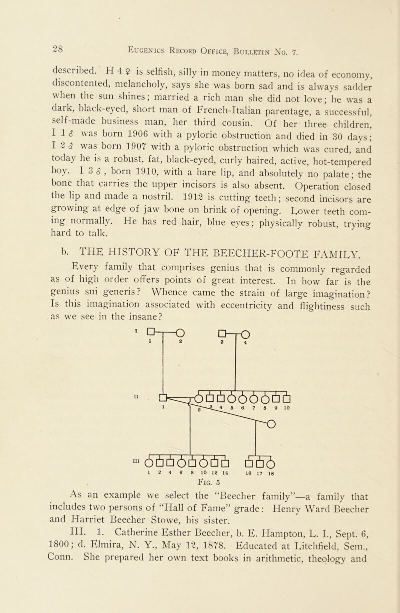 described. H 4 9 is selfish, silly in money matters, no idea of economy, discontented, melancholy, says she was born sad and is always sadder when the sun shines; married a rich man she did not love; he was a dark, black-eyed, short man of French-Italian parentage, a successful, self-made business man, her third cousin. Of her three children, 11^ was born 1906 with a pyloric obstruction and died in 30 days; I 2 was born 1907 with a pyloric obstruction which was cured, and today he is a robust, fat, black-eyed, curly haired, active, hot-tempered boy. 13^, born 1910, with a hare lip, and absolutely no palate; the bone that carries the upper incisors is also absent. Operation closed the lip and made a nostril. 1912 is cutting teeth; second incisors are growing at edge of jaw bone on brink of opening. Lower teeth com- ing normally. He has red hair, blue eyes; physically robust, trying hard to talk. b. THE HISTORY OF THE BEECHER-FOOTE FAMILY. Every family that comprises genius that is commonly regarded as of high order offers points of great interest. In how far is the genius sui generis? Whence came the strain of large imagination? Is this imagination associated with eccentricity and flightiness such as we see in the insane? includes two persons of ‘‘Hall of Fame” grade: Henry Ward Beecher and Harriet Beecher Stowe, his sister. HI. 1. Catherine Esther Beecher, b. E. Hampton, L. I., Sept. 6, 1800; d. Elmira, N. Y., May 12, 1878. Educated at Litchfield, Sem., Conn. She prepared her own text books in arithmetic, theology and