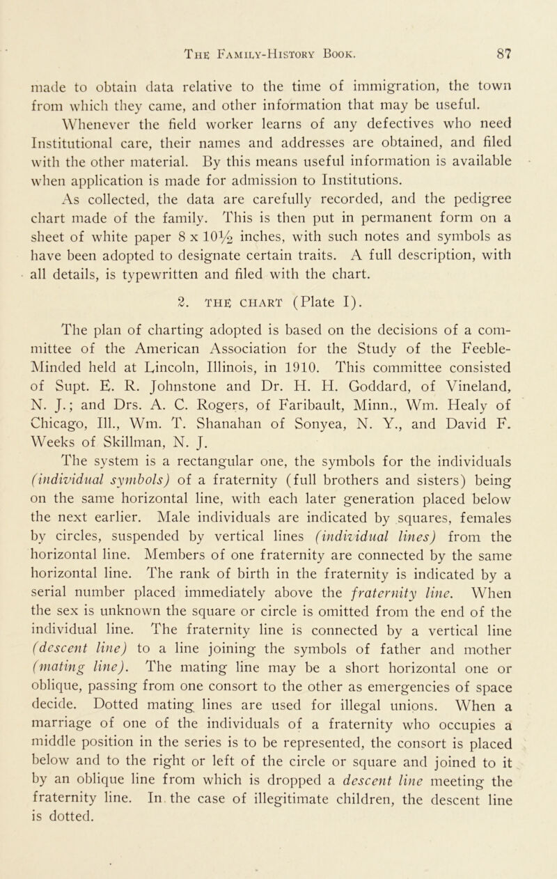 made to obtain data relative to the time of immigration, the town from which they came, and other information that may be useful. Whenever the field worker learns of any defectives who need Institutional care, their names and addresses are obtained, and filed with the other material. By this means useful information is available when application is made for admission to Institutions. As collected, the data are carefully recorded, and the pedigree chart made of the family. This is then put in permanent form on a sheet of white paper 8 x 10% inches, with such notes and symbols as have been adopted to designate certain traits. A full description, with all details, is typewritten and filed with the chart. 2. THE CHART (Plate I). The plan of charting adopted is based on the decisions of a com- mittee of the American Association for the Study of the Feeble- Minded held at Lincoln, Illinois, in 1910. This committee consisted of Supt. E. R. Johnstone and Dr. H. H. Goddard, of Vineland, N. J.; and Drs. A. C. Rogers, of Faribault, Minn., Wm. Healy of Chicago, 111., Wm. T. Shanahan of Sonyea, N. Y., and David F. Weeks of Skillman, N. J. The system is a rectangular one, the symbols for the individuals (individual symbols) of a fraternity (full brothers and sisters) being on the same horizontal line, with each later generation placed below the next earlier. Male individuals are indicated by squares, females by circles, suspended by vertical lines (individual lines) from the horizontal line. Members of one fraternity are connected by the same horizontal line. The rank of birth in the fraternity is indicated by a serial number placed immediately above the fraternity line. When the sex is unknown the square or circle is omitted from the end of the individual line. The fraternity line is connected by a vertical line (descent line) to a line joining the symbols of father and mother (mating line). The mating line may be a short horizontal one or oblique, passing from one consort to the other as emergencies of space decide. Dotted mating lines are used for illegal unions. When a marriage of one of the individuals of a fraternity who occupies a middle position in the series is to be represented, the consort is placed below and to the right or left of the circle or square and joined to it by an oblique line from which is dropped a descent line meeting the fraternity line. In, the case of illegitimate children, the descent line is dotted.