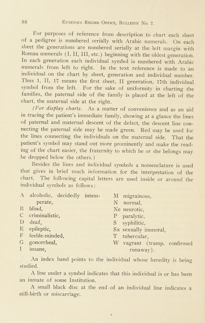 For purposes of reference from description to chart each sheet of a pedigree is numbered serially with Arabic numerals. On each sheet the generations are numbered serially at the left margin with Roman numerals (I, HI? etc.) beginning with the oldest generation. In each generation each individual symbol is numbered with Arabic numerals from left to right. In the text reference is made to an individual on the chart by sheet, generation and individual number. Thus 1, II, 17 means the first sheet, II generation, 17th individual symbol from the left. For the sake of uniformity in charting the families, the paternal side of the family is placed at the left of the chart, the maternal side at the right. (For display charts. As a matter of convenience and as an aid in tracing the patient’s immediate family, showing at a glance the lines of paternal and maternal descent of the defect, the descent line con- necting the paternal side may be made green. Red may be used for the lines connecting the individuals on the maternal side. That the patient s symbol may stand out more prominently and make the read- ing of the chart easier, the fraternity to which he or she belongs may be dropped below the others.) Besides the lines and individual symbols a nomenclature is used that gives in brief much information for the interpretation of the chart. The following capital letters are used inside or around the individual symbols as follows: A alcoholic, decidedly intem- perate, B blind, C criminalistic, D deaf, E epileptic, feeble-minded, G gonorrheal, I insane. M migrainous, N normal, Ne neurotic, P paralytic, S syphilitic, Sx sexually immoral, T tubercular, W vagrant (tramp, confirmed runaway). An index hand points to the individual whose heredity is being studied. A line under a symbol indicates that this individual is or has been an inmate of some Institution. A small black disc at the end of an individual line indicates a still-birth or miscarriage.