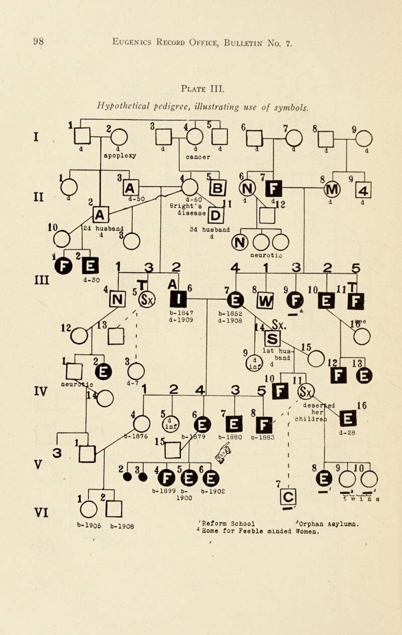 Plate III. Hypothetical pedigree, illustrating use of symbols. y d sJ ^ 9 J ‘tj VI b-1899 b- b-1902 1900 ,i b-l905 b-1900 'Reform School ^Orphan Asylumn. Home for Feeble minded Women.