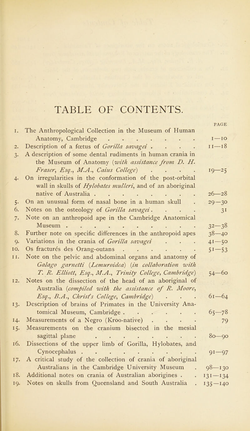 TABLE OF CONTENTS. 1. The Anthropological Collection in the Museum of Human Anatomy, Cambridge ....... 2. Description of a foetus of Gorilla savagei .... 3. A description of some dental rudiments in human crania in the Museum of Anatomy (with assistance from D. H. Fraser, Esq., M.A., Cains College) .... 4. On irregularities in the conformation of the post-orbital wall in skulls of Hylobates mulleri, and of an aboriginal native of Australia ........ 5. On an unusual form of nasal bone in a human skull 6. Notes on the osteology of Gorilla savagei. 7. Note on an anthropoid ape in the Cambridge Anatomical Museum .......... 8. Further note on specific differences in the anthropoid apes 9. Variations in the crania of Gorilla savagei 10. Os fractures des Orang-outans ...... 11. Note on the pelvic and abdominal organs and anatomy of Galago garnetti (Lemuroidea) (in collaboration with T. R. Elliott, Esq., M.A., Trinity College, Cambridge) 12. Notes on the dissection of the head of an aboriginal of Australia (compiled with the assistance of R. Moore, Esq., B.A., Christ's College, Cambridge) 13. Description of brains of Primates in the University Ana- tomical Museum, Cambridge ...... 14. Measurements of a Negro (Kroo-native) . 15. Measurements on the cranium bisected in the mesial sagittal plane ........ 16. Dissections of the upper limb of Gorilla, Hylobates, and Cynocephalus ......... 17. A critical study of the collection of crania of aboriginal Australians in the Cambridge University Museum 18. Additional notes on crania of Australian aborigines . 19. Notes on skulls from Queensland and South Australia PAGE 1 —10 11—18 19—25 26—28 29—30 3i 32—38 38—40 41—50 51—53 54—60 61—64 65—78 79 80—90 91—97 98—130 131—134 135—140