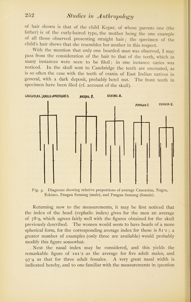 of hair shown is that of the child Kepar, of whose parents one (the father) is of the curly-haired type, the mother being the one example of all those observed presenting straight hair; the specimen of the child s hair shows that she resembles her mother in this respect. With the mention that only one bearded man was observed, I may pass from the consideration of the hair to that of the teeth, which in many instances were seen to be filed; in one instance caries was noticed. In the skull sent to Cambridge the teeth are encrusted, as is so often the case with the teeth of crania of East Indian natives in general, with a dark deposit, probably betel nut. The front teeth in specimen have been filed (cf. account of the skull). CAUCASIAN. fiEGJtQ, $. ESKIMO. 0, PANGAN.6. PAM GAN. 2. Fig. 3. Diagrams showing relative proportions of average Caucasian, Negro, Eskimo, Pangan Semang (male), and Pangan Semang (female). Returning now to the measurements, it may be first noticed that the index of the head (cephalic index) gives for the men an average of 78’9, which agrees fairly well with the figures obtained for the skull previously described. The women would seem to have heads of a more spherical form, for the corresponding average index for these is 8ri ; a greater number of examples (only three are available) would probably modify this figure somewhat. Next the nasal index may be considered, and this yields the remarkable figure of 101*2 as the average for five adult males, and 97*4 as that for three adult females. A very great nasal width is indicated hereby, and to one familiar with the measurements in question