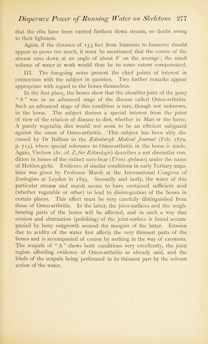 that the ribs have been carried furthest down stream, no doubt owing to their lightness. Again, if the distance of 153 feet from humerus to humerus should appear to prove too much, it must be mentioned that the course of the stream runs down at an angle of about 8° on the average; the small volume of water at work would thus be to some extent compensated. III. The foregoing notes present the chief points of interest in connection with the subject in question. Two further remarks appear appropriate with regard to the bones themselves. In the first place, the bones shew that the shoulder-joint of the pony “ A ” was in an advanced stage of the disease called Osteo-arthritis. Such an advanced stage of this condition is rare, though not unknown, in the horse. The subject derives a special interest from the point of view of the relation of disease to diet, whether in Man or the horse. A purely vegetable diet would not seem to be an efficient safeguard against the onset of Osteo-arthritis. This subject has been ably dis- cussed by Dr Balfour in the Edinburgh Medical Journal (Feb. 1870, p. 713), where special reference to Osteo-arthritis in the horse is made. Again, Virchow (loc. cit. Z.fiir Ethnologie) describes a not dissimilar con- dition in bones of the extinct cave-bear (Ursus spelaeus) under the name of Hohlen-gicht. Evidence of similar conditions in early Tertiary ungu- lates was given by Professor Marsh at the International Congress of Zoologists at Leyden in 1895. Secondly and lastly, the water of this particular stream and marsh seems to have contained sufficient acid (whether vegetable or other) to lead to disintegration of the bones in certain places. This effect must be very carefully distinguished from those of Osteo-arthritis. In the latter, the joint-surfaces and the neigh- bouring parts of the bones will be affected, and in such a way that erosion and eburnation (polishing) of the joint-surface is found accom- panied by bony outgrowth around the margins of the latter. Erosion due to acidity of the water first affects the very thinnest parts of the bones and is accompanied of course by nothing in the way of exostosis. The scapula of “A” shews both conditions very excellently, the joint region affording evidence of Osteo-arthritis as already said, and the blade of the scapula being perforated in its thinnest part by the solvent action of the water.