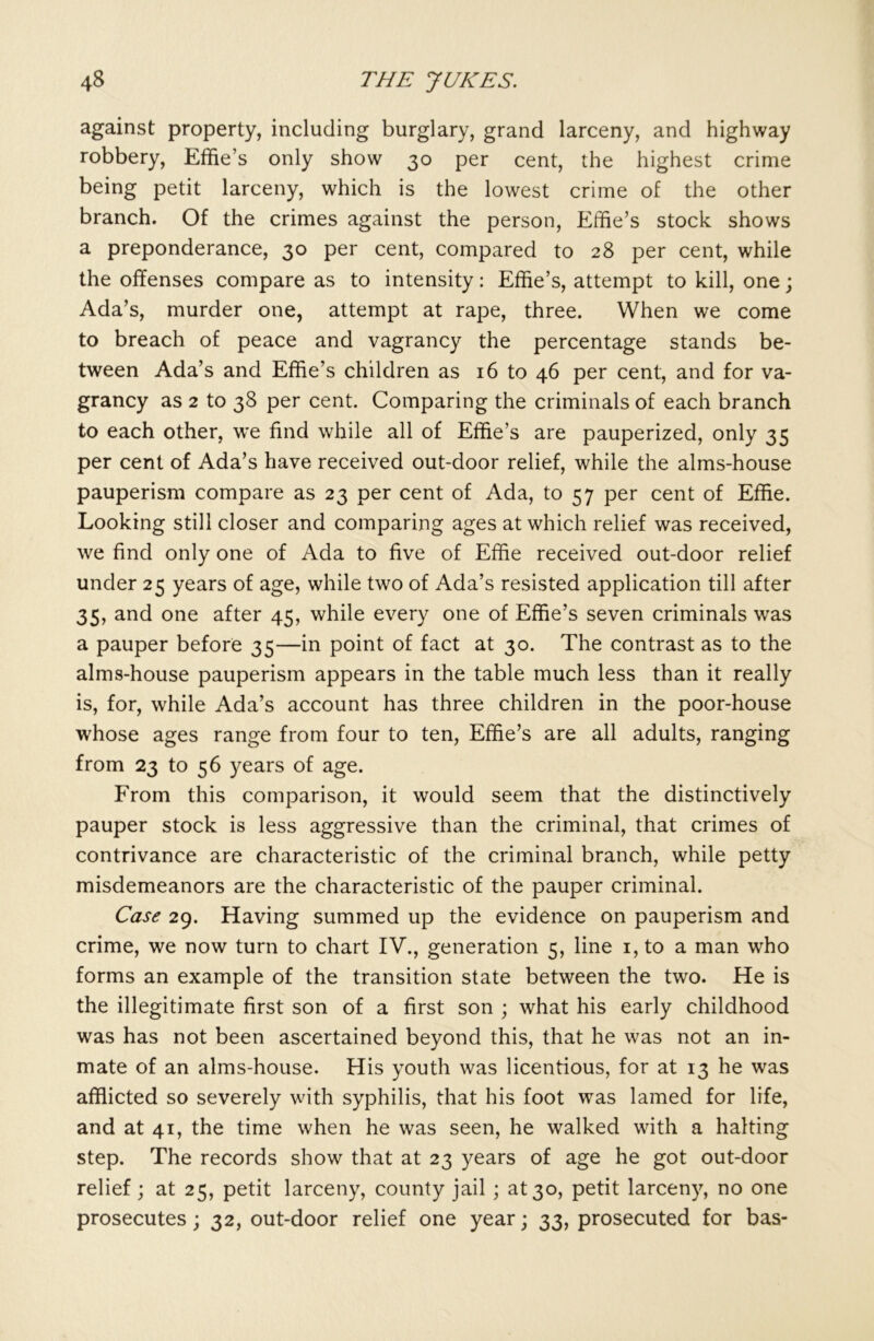 against property, including burglary, grand larceny, and highway robbery, Effie’s only show 30 per cent, the highest crime being petit larceny, which is the lowest crime of the other branch. Of the crimes against the person, Effie’s stock shows a preponderance, 30 per cent, compared to 28 per cent, while the offenses compare as to intensity: Effie’s, attempt to kill, one; Ada’s, murder one, attempt at rape, three. When we come to breach of peace and vagrancy the percentage stands be- tween Ada’s and Effie’s children as 16 to 46 per cent, and for va- grancy as 2 to 38 per cent. Comparing the criminals of each branch to each other, we find while all of Effie’s are pauperized, only 35 per cent of Ada’s have received out-door relief, while the alms-house pauperism compare as 23 per cent of Ada, to 57 per cent of Effie. Looking still closer and comparing ages at which relief was received, we find only one of Ada to five of Effie received out-door relief under 25 years of age, while two of Ada’s resisted application till after 35, and one after 45, while every one of Effie’s seven criminals was a pauper before 35—in point of fact at 30. The contrast as to the alms-house pauperism appears in the table much less than it really is, for, while Ada’s account has three children in the poor-house whose ages range from four to ten, Effie’s are all adults, ranging from 23 to 56 years of age. From this comparison, it would seem that the distinctively pauper stock is less aggressive than the criminal, that crimes of contrivance are characteristic of the criminal branch, while petty misdemeanors are the characteristic of the pauper criminal. Case 29. Having summed up the evidence on pauperism and crime, we now turn to chart IV., generation 5, line 1, to a man who forms an example of the transition state between the two. He is the illegitimate first son of a first son ; what his early childhood was has not been ascertained beyond this, that he was not an in- mate of an alms-house. His youth was licentious, for at 13 he was afflicted so severely with syphilis, that his foot was lamed for life, and at 41, the time when he was seen, he walked with a halting step. The records show that at 23 years of age he got out-door relief; at 25, petit larceny, county jail ; at 30, petit larceny, no one prosecutes; 32, out-door relief one year; 33, prosecuted for bas-