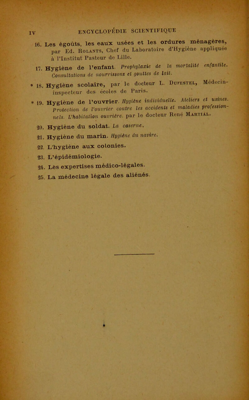 ' * v* •• . v.% ' . 5*. . ■ - * . . . IV encyclopédie scientifique 16. Les égoûts, les eaux usées et les ordures ménagères, par Ed. Rolants, Chef du Laboratoire d’Hygiène appliquée à l’Institut Pasteur de Lille. 17. Hygiène de l’enfant. Prophylaxie de la mortalité enfantile. Consultations de nourrissons et gouttes de lait. * 18. Hygiène scolaire, par le docteur L. Dufestel, Médecin- inspecteur des écoles de Paris. * 19. Hygiène de l’ouvrier. Hygiène individuelle. Ateliers et usines. Protection de l’ouvrier contre les accidents et maladies profession- nels. L’habitation ouvrière, par le docteur René Martial. 20. Hygiène du soldat. La caserne, 21. Hygiène du marin. Hygiène du navire. 22. L’hygiène aux colonies. 23. L’épidémiologie. 24. Lès expertises médico-légales. 25. La médecine légale des aliénés.