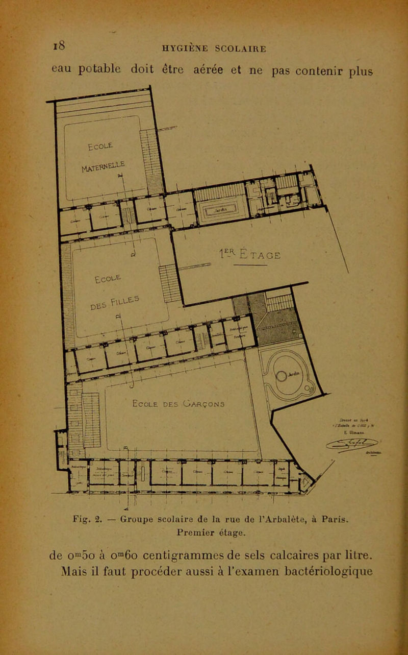 eau potable doit être aérée et ne pas contenir plus Ecole. Ecole des Garçons Groupe scolaire de la rue de l’Arbalète, à Paris Premier étage. de om5o à om6o centigrammes de sels calcaires par litre. Mais il faut procéder aussi à l’examen bactériologique