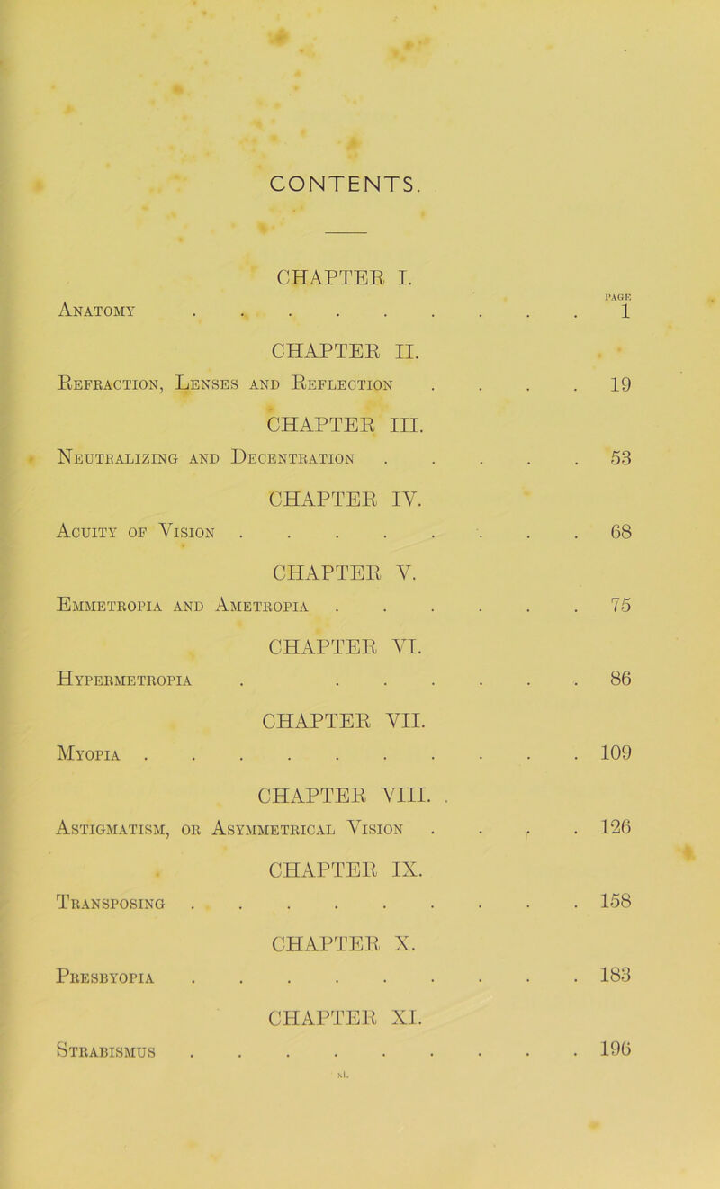 CONTENTS. CHAPTER I. Anatomy CHAPTER II. Refkaction, Lenses and Reflection CHAPTER III. Neutralizing and Decentration CHAPTER IY. Acuity of Vision CHAPTER Y. Emmetropia and Ametropia Hypermetropia Myopia CHAPTER YI. CHAPTER VII. CHAPTER VIII. Astigmatism, or Asymmetrical Vision CHAPTER IX. Transposing ..... Presbyopia CHAPTER X. CHAPTER XI. PAGE 1 19 53 68 75 86 109 126 158 183 Strabismus 196