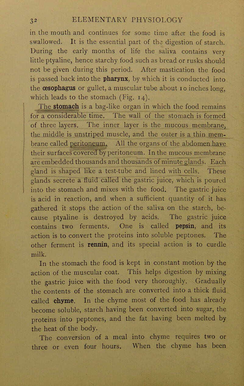 in the mouth and continues for some time after the food is swallowed. It is the essential part of the digestion of starch. During the early months of life the saliva contains very little ptyaline, hence starchy food such as bread or rusks should not be given during this period. After mastication the food is passed back into the pharynx, by which it is conducted into the oesophagus or gullet, a muscular tube about io inches long, which leads to the stomach (Fig. 14). The stomach is a bag-like organ in which the food remains for a considerable time. The wall of the stomach is formed of three layers. The inner layer is the mucous membrane, the middle is unstriped muscle, and the outer is a thin mem- brane called peritoneum. All the organs of the abdomen have their surfaces covered by peritoneum. In the mucous membrane are embedded thousands and thousands of minute glands. Each gland is shaped like a test-tube and lined with cells. These glands secrete a fluid called the gastric juice, which is poured into the stomach and mixes with the food. The gastric juice is acid in reaction, and when a sufficient quantity of it has gathered it stops the action of the saliva on the starch, be- cause ptyaline is destroyed by acids. The gastric juice contains two ferments. One is called pepsin, and its action is to convert the proteins into soluble peptones. The other ferment is rennin, and its special action is to curdle milk. In the stomach the food is kept in constant motion by the action of the muscular coat. This helps digestion by mixing the gastric juice with the food very thoroughly. Gradually the contents of the stomach are converted into a thick fluid called chyme. In the chyme most of the food has already become soluble, starch having been converted into sugar, the proteins into peptones, and the fat having been melted by the heat of the body. The conversion of a meal into chyme requires two or three or even four hours. When the chyme has been