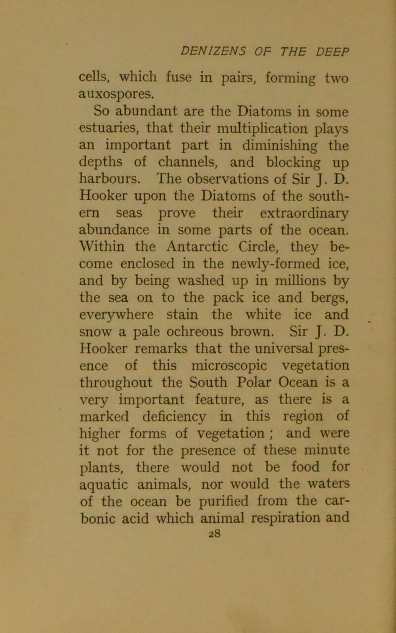 cells, which fuse in pairs, forming two auxospores. So abundant are the Diatoms in some estuaries, that their multiplication plays an important part in diminishing the depths of channels, and blocking up harbours. The observations of Sir J. D. Hooker upon the Diatoms of the south- ern seas prove their extraordinary abundance in some parts of the ocean. Within the Antarctic Circle, they be- come enclosed in the newly-formed ice, and by being washed up in millions by the sea on to the pack ice and bergs, everywhere stain the white ice and snow a pale ochreous brown. Sir J. D. Hooker remarks that the universal pres- ence of this microscopic vegetation throughout the South Polar Ocean is a very important feature, as there is a marked deficiency in this region of higher forms of vegetation ; and were it not for the presence of these minute plants, there would not be food for aquatic animals, nor would the waters of the ocean be purified from the car- bonic acid which animal respiration and