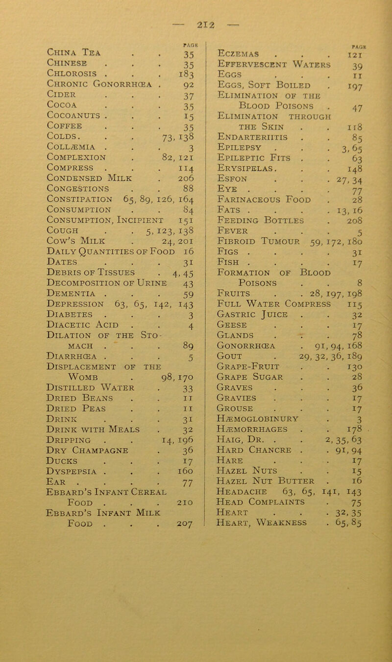 PAGE PAGE China Tea 35 Eczemas 121 Chinese 35 Effervescent Waters 39 Chlorosis . . 183 Eggs II Chronic Gonorrhcea 92 Eggs, Soft Boiled 197 Cider 37 Elimination of the Cocoa 35 Blood Poisons 47 COCOANUTS . 15 Elimination through Coffee 35 THE Skin 118 Colds. 73.138 Endarteriitis 85 COLL^MIA . 3 Epilepsy 3, 65 Complexion 82, 121 Epileptic Fits . 63 Compress . 114 Erysipelas . 148 Condensed Milk 206 Esfon 27, 34 Congestions 88 Eye . 77 Constipation 65, 89, 126, 164 Farinaceous Food 28 Consumption . 84 Fats . 13, 16 Consumption, Incipient 151 Feeding Bottles 208 Cough . -5. 123,138 Fever 5 Cow’s Milk 24, 201 Fibroid Tumour 59, i 72,180 Daily Quantities OF Food 16 Figs . 31 Dates 31 Fish . 17 Debris of Tissues • 4.45 Formation of Blood Decomposition of Urine 43 Poisons 8 Dementia . 59 Fruits . . 28, 197, 198 Depression 63, 65, 142, 143 Full Water Compress 115 Diabetes 3 Gastric Juice , 32 Diacetic Acid 4 Geese * 17 Dilation of the Sto- Glands 78 MACH . 89 Gonorrhoea . 91,94, 168 Diarrhcea . 5 Gout . 29,32,36, 189 Displacement of the Grape-Fruit 130 Womb 98,170 Grape Sugar 28 Distilled Water 33 Graves 36 Dried Beans II Gravies 17 Dried Peas II Grouse 17 Drink 31 H^moglobinury 3 Drink with Meals 32 Hemorrhages 178 Dripping 14, 196 Haig, Dr. . 2,35.63 Dry Champagne 36 Hard Chancre . 91, 94 Ducks 17 Hare 17 Dyspepsia . 160 Hazel Nuts 15 Ear . 77 Hazel Nut Butter 16 Ebbard’s Infant Cereal Headache 63, 65, 14U 143 Food . 210 Head Complaints 75 Ebbard’s Infant Milk Heart 32, 35 Food . 207 Heart, Weakness 65,85