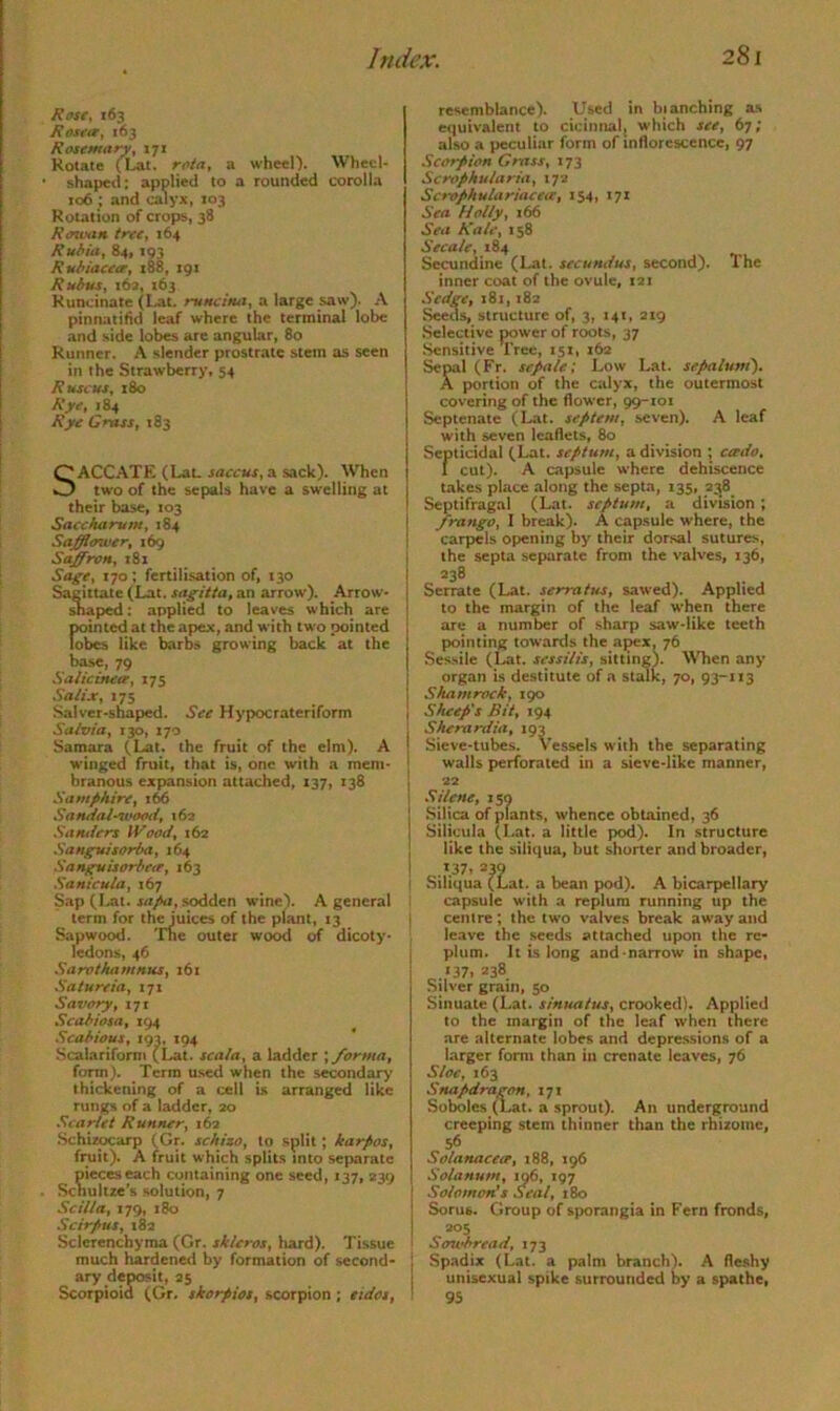 Rose, 163 Roster^ 163 Rosemary^ \^\ Rotate (Lat. rota, a wheel). Wheel- shaped: applied to a rounded corolla 106 ; and calyx, 103 Roution of crops, 38 Roivan tree., 164 Ruhia^ 84, 193 Rubiaceery x88, 191 Rubus, 162, 163 Kuncinate (Lat. ruHcifui^ a large saw). A pinnatifid leaf where the terminal lobe and side lobes are angular, 80 Runner. A slender prostrate stem as seen in the Strawberry, 54 Ruscus, x8o Rye, 184 Rye Grass, 183 SACCATE (Lat. saccus, a sack). When two of the sepals have a swelling at their base, 103 Saccharum, 184 Safflower, 169 Saffron, i8x Sage, 170: fertilisation of, 130 Sagittate (Lat. sagitta, an arrow'). Arrow- ^aped: applied to leaves which are pointed at theapex, and with tw o pointed lobes like barbs growing back at the base, 79 Salicinete, 175 Salijc, 175 Salver-shaped. See Hypocrateriform Salvia, 130, 170 Samara (Lat. the fruit of the elm). A winged fruit, that is, one with a mem- branous expansion attached, 137, 138 Samphire, 166 Sat^al-wood, 162 Sanders Wood, 162 Sanguisorba, 164 Sanguisorhcir, 163 Sanicula, 167 Sap (I.at. sodden wine). A general term for th^uices of the plant, 13 Sapwood. 'Ine outer woixl of dicoty- ledons, 46 Sarothamnus, 161 Satureia, 171 Savory, 17 r Scabiosa, 194 Scabious, 193, 194 Scalariform (Lat. scala, a ladder \ forma. Term used when the secondary thickening of a cell is arranged like rungs of a ladder, 20 Starlet Runner, 162 .Schizocarp (Gr. schizo, to split; karpos, fi^it). A fruit which splits into separate pieces each cuiitaining one seed, 137, 239 Scnultze's solution, 7 Scilla, 179, 180 Scirpus, 18a Sclcrcncbyma (Gr. sklcros, liard). Tissue much hardened by formation of second- ary deposit, 25 Scorpioid (Gr. skorpios, scorpion; eidoi, resemblance). Used in blanching as ecjuivalent to cicinnalj which see, 67; also a peculiar form of inflorescence, 97 Scorpion Gfass, 173 Scrophularia, 172 Scrophulariacea, 154, 171 Sea Holly, 166 Sea Kale, 158 Secale, 184 Secundine (X.at. secundus, second). The inner coat of the ovule, xax Sedge, X 81,182 Seeds, structure of, 3, 141, 219 Selective power of roots, 37 Sensitive Tree, 151, x62 Sepal (Fr. sepale; Low Lat. sepalum'). A portion of the calyx, the outermost covering of the flower, 99-101 Septenate (I-at. septem, seven). A leaf with seven leaflets, 80 Sepiicidal (Lat. septum, a division ; ceedo, I cut). A capsule where dehiscence lakes place along the septa, 135, 238 Septifragal (Lat. septum, a division; frango, I break). A capsule where, the carpels opening by their dorsal sutures, the septa separate from the valves, 136, 238 Serrate (Lat. serratus, sawed). Applied to the margin of the leaf when there are a number of sharp saw-like teeth pointing towards the apex, 76 Sessile (Cat. sessilis, sitting). WTien any organ is destitute of a stalk, 70, 93*'ti3 Shamrock, 190 Sheep's Bit, 194 Skerardia, 193 Sieve-tubes, Vessels with the separating I walls perforated in a sieve-like manner, 1 « j Silene, 150 j Silica of plants, whence obtained, 36 Silicula U.at. a little pod). In structure I like the siliqua, but shorter and broader, 1 *39 I Siliqua (Lat. a bean pod). A bicarpellary capsule with a replum running up the ! centre ; the two valves break away and leave the seeds attached upon the rc- I plum. It is long and narrow in shape, i ^.*37i *38 Silver gram, 50 Sinuate (Lat. sinuatus, crooked)* Applied to the margin of the leaf when there are alternate lobes and depressions of a larger form than in crenate leaves, 76 Sloe, 163 Snapdragon, 171 Soboles (jLat. a sprout). An underground creeping stem thinner than the rhizome, 56 Solanaceer, x88, 196 Solanum, \^, 197 Solomon!s Seal, 180 j Sorus. Group of sporangia in Fern fronds, I *05 ! So7vbread, 173 I Spadix (Lat. a palm branch). A fleshy j unisexual spike surrounded by a spathe, ■ 95