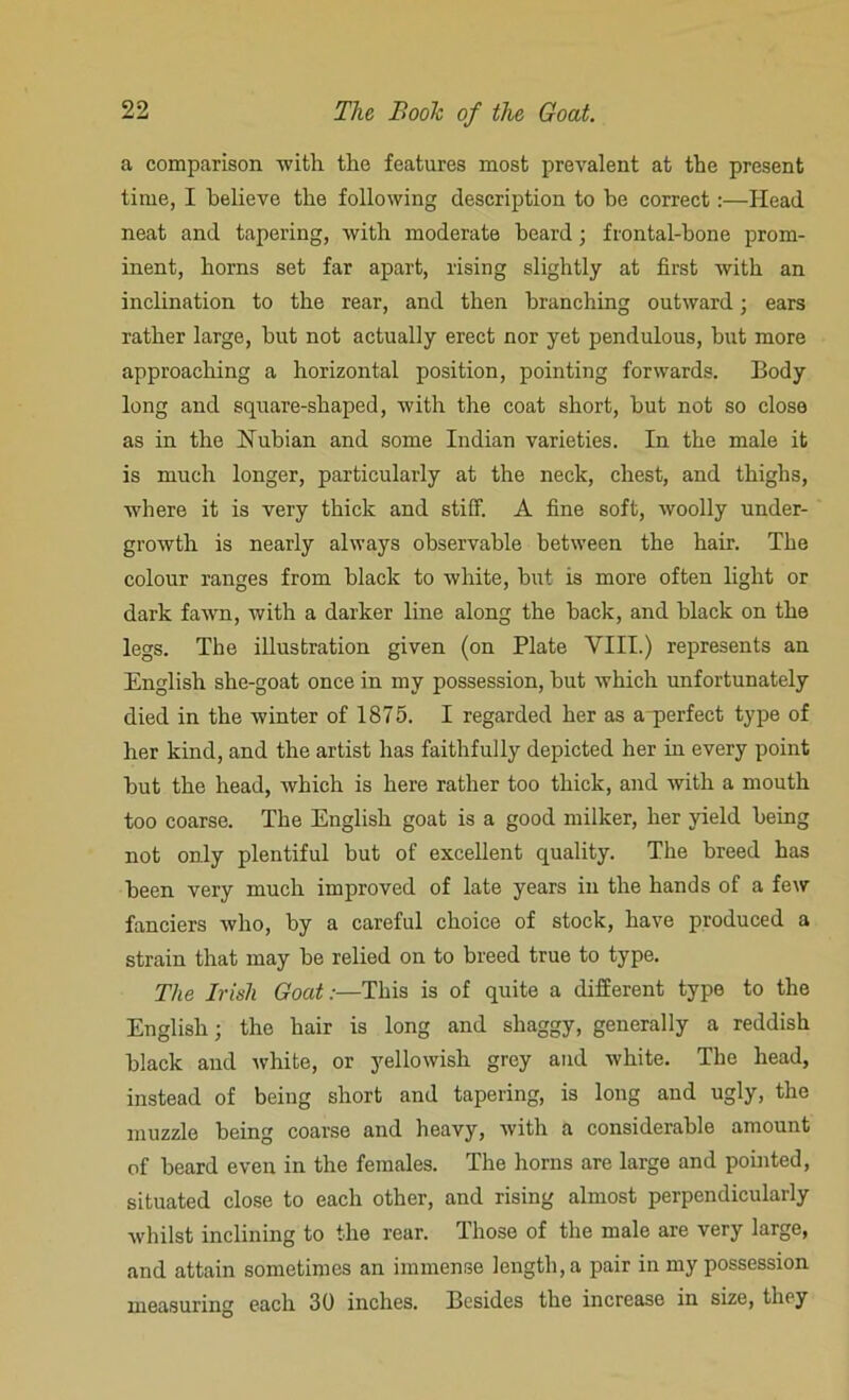 a comparison with the features most prevalent at the present time, I believe the following description to be correct:—Head neat and tapering, with moderate beard; frontal-bone prom- inent, horns set far apart, rising slightly at first with an inclination to the rear, and then branching outward; ears rather large, hut not actually erect nor yet pendulous, hut more approaching a horizontal position, pointing forwards. Body long and square-shaped, with the coat short, but not so close as in the Nubian and some Indian varieties. In the male it is much longer, particularly at the neck, chest, and thighs, where it is very thick and stiff. A fine soft, woolly under- growth is nearly always observable between the hair. The colour ranges from black to white, hut is more often light or dark fawn, with a darker line along the hack, and black on the legs. The illustration given (on Plate VIII.) represents an English she-goat once in my possession, hut which unfortunately died in the winter of 1875. I regarded her as a^perfect type of her kind, and the artist has faithfully depicted her in every point hut the head, which is here rather too thick, and with a mouth too coarse. The English goat is a good milker, her yield being not only plentiful but of excellent quality. The breed has been very much improved of late years in the hands of a few fanciers who, by a careful choice of stock, have produced a strain that may be relied on to breed true to type. The Irish Goat:—This is of quite a different type to the English; the hair is long and shaggy, generally a reddish black and white, or yellowish grey and white. The head, instead of being short and tapering, is long and ugly, the muzzle being coarse and heavy, with a considerable amount of beard even in the females. The horns are large and pointed, situated close to each other, and rising almost perpendicularly whilst inclining to the rear. Those of the male are very large, and attain sometimes an immense length, a pair in my possession measuring each 30 inches. Besides the increase in size, they