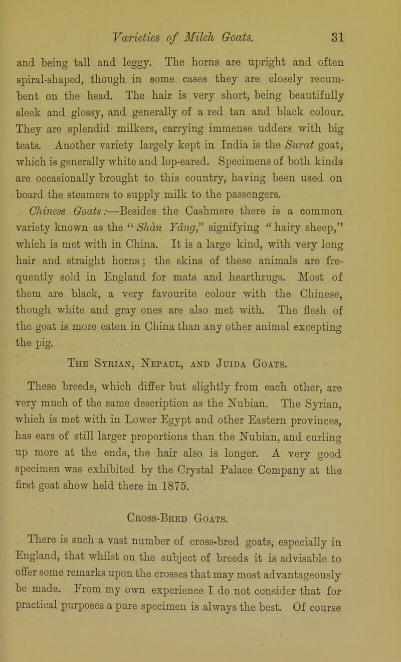 and being tall and leggy. The horns are upright and often spiral-shaped, though in some cases they are closely recum- bent on the head. The hair is very short, being beautifully sleek and glossy, and generally of a red tan and black colour. They are splendid milkers, carrying immense udders with big teats. Another variety largely kept in India is the Surat goat, which is generally white and lop-eared. Specimens of both kinds are occasionally brought to this country, having been used on board the steamers to supply milk to the passengers. Chinese Goats:—Besides the Cashmere there is a common variety known as the “ Shan Yang, signifying “ hairy sheep,” which is met with in China. It is a large kind, with very long hair and straight horns; the skins of these animals are fre- quently sold in England for mats and hearthrugs. Most of them are black, a very favourite colour with the Chinese, though white and gray ones are also met with. The flesh of the goat is more eaten in China than any other animal excepting the pig. The Syrian, Nepaul, and Juida Goats. These breeds, which differ but slightly from each other, are very much of the same description as the Nubian. The Syrian, which is met with in Lower Egypt and other Eastern provinces, has ears of still larger proportions than the Nubian, and curling up more at the ends, the hair also is longer. A very good specimen was exhibited by the Crystal Palace Company at the first goat show held there in 1875. Cross-Bred Goats. There is such a vast number of cross-bred goats, especially in England, that whilst on the subject of breeds it is advisable to offer some remarks upon the crosses that may most advantageously be made. From my own experience I do not consider that for practical purposes a pure specimen is always the best. Of course
