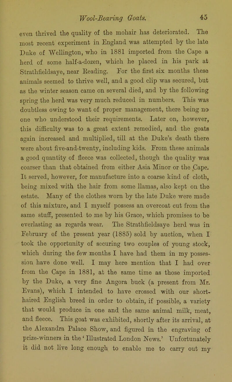 even thrived the quality of the mohair has deteriorated. The most recent experiment in England was attempted by the late Duke of Wellington, who in 1881 imported from the Cape a herd of some half-a-dozen, which he placed in his park at Strathfieldsaye, near Heading. Eor the first six months these animals seemed to thrive well, and a good clip was secured, but as the winter season came on several died, and by the following spring the herd was very much reduced in numbers. This was doubtless owing to want of proper management, there being no one who understood their requirements. Later on, however, this difficulty was to a great extent remedied, and the goats again increased and multiplied, till at the Duke’s death there were about five-and-twenty, including kids. Erom these animals a good quantity of fleece was collected, though the quality was coarser than that obtained from either Asia Minor or the Cape. It served, however, for manufacture into a coarse kind of cloth, being mixed with the hair from some llamas, also kept on the estate. Many of the clothes worn by the late Duke were made of this mixture, and I myself possess an overcoat cut from the same stuff, presented to me by his Grace, which promises to be everlasting as regards wear. The Strathfieldsaye herd was in February of the present year (1885) sold by auction, when I took the opportunity of securing two couples of young stock, which during the few months I have had them in my posses- sion have done well. I may here mention that I had over from the Cape in 1881, at the same time as those imported by the Duke, a very fine Angora buck (a present from Mr. Evans), which I intended to have crossed with our short- haired English breed in order to obtain, if possible, a variety that would produce in one and the same animal milk, meat, and fleece. This goat was exhibited, shortly after its arrival, at the Alexandra Palace Show, and figured in the engraving of prize-winners in the ‘ Illustrated London News.’ Unfortunately it did not live long enough to enable me to carry out my