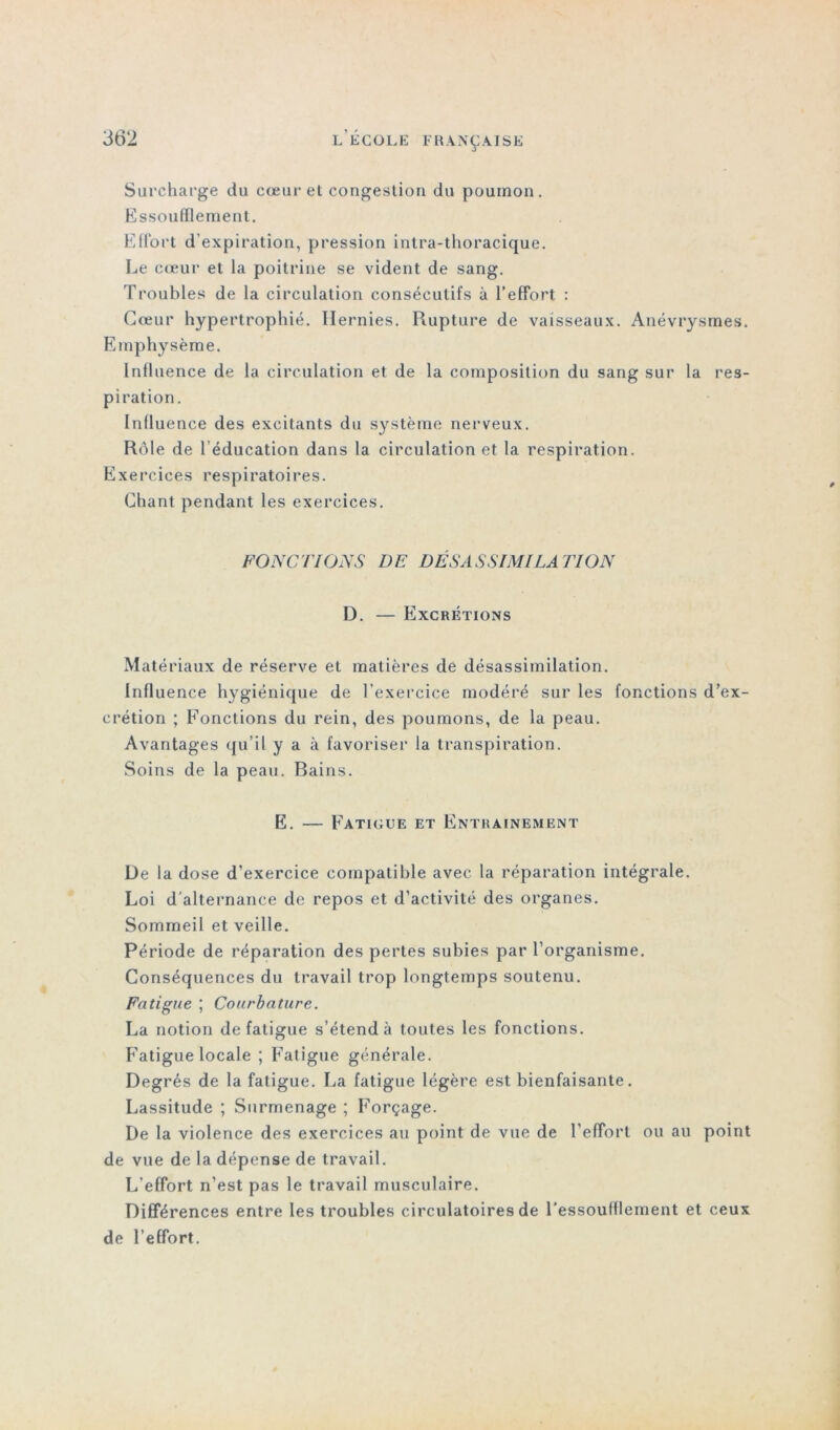 Surcharge du cœur et congestion du poumon. Essoufflement. Effort d’expiration, pression intra-thoracique. Le cœur et la poitrine se vident de sang. Troubles de la circulation consécutifs à l’effort : Cœur hypertrophié. Hernies. Rupture de vaisseaux. Anévrysmes. Emphysème. Influence de la circulation et de la composition du sang sur la res- piration. Influence des excitants du système nerveux. Rôle de l’éducation dans la circulation et la respiration. Exercices respiratoires. Chant pendant les exercices. FONCTIONS DE DÉSASSIMILATION D. — Excrétions Matériaux de réserve et matières de désassimilation. Influence hygiénique de l’exercice modéré sur les fonctions d’ex- crétion ; Fonctions du rein, des poumons, de la peau. Avantages qu’il y a à favoriser la transpiration. Soins de la peau. Rains. E. — Fatigue et Entrainement De la dose d’exercice compatible avec la réparation intégrale. Loi d’alternance de repos et d’activité des organes. Sommeil et veille. Période de réparation des pertes subies par l’organisme. Conséquences du travail trop longtemps soutenu. Fatigue ; Courbature. La notion de fatigue s’étend à toutes les fonctions. Fatigue locale ; Fatigue générale. Degrés de la fatigue. La fatigue légère est bienfaisante. Lassitude ; Surmenage ; Forçage. De la violence des exercices au point de vue de l'effort ou au point de vue de la dépense de travail. L’effort n’est pas le travail musculaire. Différences entre les troubles circulatoires de l'essoufflement et. ceux de l’effort.