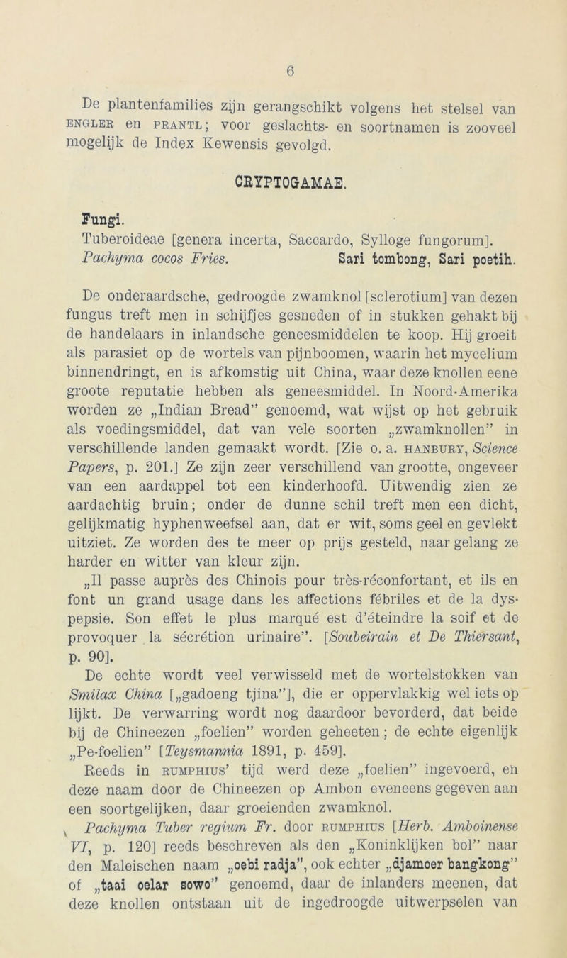 De plantenfamilies zijn gerangschikt volgens het stelsel van engler en prantl; voor geslachts* en soortnamen is zooveel mogelijk de Index Kewensis gevolgd. CRYPTOGAMAE. Fungi. Tuberoideae [genera incerta, Saccardo, Sylloge fungorum]. Pachyma cocos Fries. Sari tombong, Sari poetih. De onderaardsche, gedroogde zwamknol [sclerotium] van dezen fungus treft men in schijfjes gesneden of in stukken gehakt bij de handelaars in inlandsche geneesmiddelen te koop. Hij groeit als parasiet op de wortels van pijnboomen, waarin het mycelium binnendringt, en is afkomstig uit China, waar deze knollen eene groote reputatie hebben als geneesmiddel. In Koord-Amerika worden ze „Indian Bread” genoemd, wat wijst op het gebruik als voedingsmiddel, dat van vele soorten „zwamknollen” in verschillende landen gemaakt wordt. [Zie o. a. hanbury, Science Papers, p. 201.] Ze zijn zeer verschillend van grootte, ongeveer van een aardappel tot een kinderhoofd. Uitwendig zien ze aardachtig bruin; onder de dunne schil treft men een dicht, gelijkmatig hyphenweefsel aan, dat er wit, soms geel en gevlekt uitziet. Ze worden des te meer op prijs gesteld, naar gelang ze harder en witter van kleur zijn. „II passé auprès des Chinois pour très-réconfortant, et ils en font un grand usage dans les affections fébriles et de la dys- pepsie. Son effet le plus marqué est d’éteindre la soif et de provoquer la sécrétion urinaire”. [Soubeirain et De Thiersant, p. 90]. De echte wordt veel verwisseld met de wortelstokken van Smilax China [„gadoeng tjina”], die er oppervlakkig wel iets op lijkt. De verwarring wordt nog daardoor bevorderd, dat beide bij de Chineezen „foelien” worden geheeten; de echte eigenlijk „Pe-foelien” [Teysmannia 1891, p. 459]. Reeds in rumphius’ tijd werd deze „foelien” ingevoerd, en deze naam door de Chineezen op Ambon eveneens gegeven aan een soortgelijken, daar groeienden zwamknol. v Pachyma Tuber regium Fr. door rumphius [Herb. Amboinensc VI, p. 120] reeds beschreven als den „Koninklijken bol” naar den Maleischen naam „oebi radja”, ook echter „djamoer bangkong” of „taai oelar sowo” genoemd, daar de inlanders meenen, dat deze knollen ontstaan uit de ingedroogde uitwerpselen van
