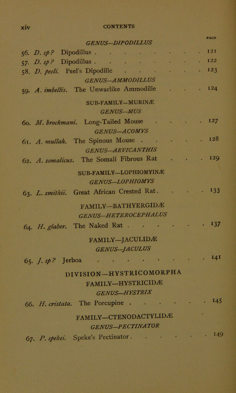 GENUS—D1P0DILL US 56. D.sp? Dipodillus 57. D. sp ? Dipodillus 58. D. peeli. Peel’s Dipodille .... GENUS—.AM MODILL US 59. A. imbellis. The Unwarlike Ammodille SUB-FAMILY— MURINjE GENUS—MUS 60. M. brockmani. Long-Tailed Mouse GENUS—A COMYS 61. A. mullah. The Spinous Mouse . GENUS—A R VIC A NTH IS 62. A. somalicus. The Somali Fibrous Rat SUB-FAMILY—LOPHIOMYIN^E GENUS—LOPHIOMYS 63. L. smithii. Great African Crested Rat. FAMILY—BATHYERGIDAi GENUS—HETEROCEPHALUS 64. H. glaber. The Naked Rat . FAMILY—JACULID2E GENUS—JA CUL US 65. J.sp? Jerboa DIVISION—HYSTRICOMORPH A FAMILY—HYSTRICIDAS GENUS—HYSTRIX 66. H. cristata. The Porcupine . FAMILY—CTENODACTYLID.dE GENUS—PECTIN A TOR 67. P. spekei. Speke’s Pectinator . PACE . I 2 I . 122 . 123 . 124 . 127 . 128 . 129 • 133 • 137 . HI . 145 • 149