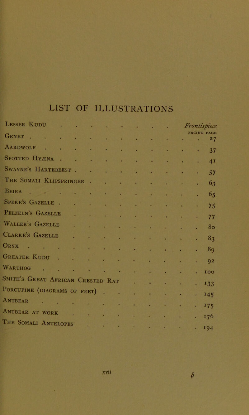 LIST OF ILLUSTRATIONS Lesser Kudu .... Genet Aardwolf Spotted Hyaena .... Swayne’s Hartebeest . The Somali Klipspringer . Beira Speke’s Gazelle .... Pelzeln’s Gazelle Waller’s Gazelle Clarke’s Gazelle Oryx Greater Kudu .... Warthog .... Smith’s Great African Crested Rai Porcupine (diagrams of feet) Antbear Antbear at work I he Somali Antelopes Frontispiece FACING PAGE 27 37 4i 57 63 65 75 77 80 33 89 92 100 !33 M5 i75 176 • i94