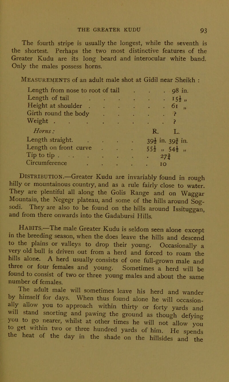 The fourth stripe is usually the longest, while the seventh is the shortest. Perhaps the two most distinctive features of the Greater Kudu are its long beard and interocular white band. Only the males possess horns. Measurements of an adult male shot at Gidil near Sheikh : Length from nose to root of tail Length of tail Height at shoulder . Girth round the body Weight . . . . Horns: Length straight. Length on front curve Tip to tip Circumference . 98 in. • I5i„ • 61 „ . ? . ? R. L. 39b in. 391 in. 551 » 54b » 2 7f 10 Distribution.—Greater Kudu are invariably found in rough hilly or mountainous country, and as a rule fairly close to water. They are plentiful all along the Golis Range and on Waggar Mountain, the Negegr plateau, and some of the hills around Sog- sodi. They are also to be found on the hills around Issituggan, and from there onwards into the Gadabursi Hills. Habits.—The male Greater Kudu is seldom seen alone except in the breeding season, when the does leave the hills and descend to the plains or valleys to drop their young. Occasionally a very old bull is driven out from a herd and forced to roam the hills alone. A herd usually consists of one full-grown male and three or four females and young. Sometimes a herd will be found to consist of two or three young males and about the same number of females. The adult male will sometimes leave his herd and wander by himself for days. When thus found alone he will occasion- ally allow you to approach within thirty or forty yards and will stand snorting and pawing the ground as though defying you to go nearer, whilst at other times he will not allow you to get within two or three hundred yards of him. He spends the heat of the day in the shade on the hillsides and the