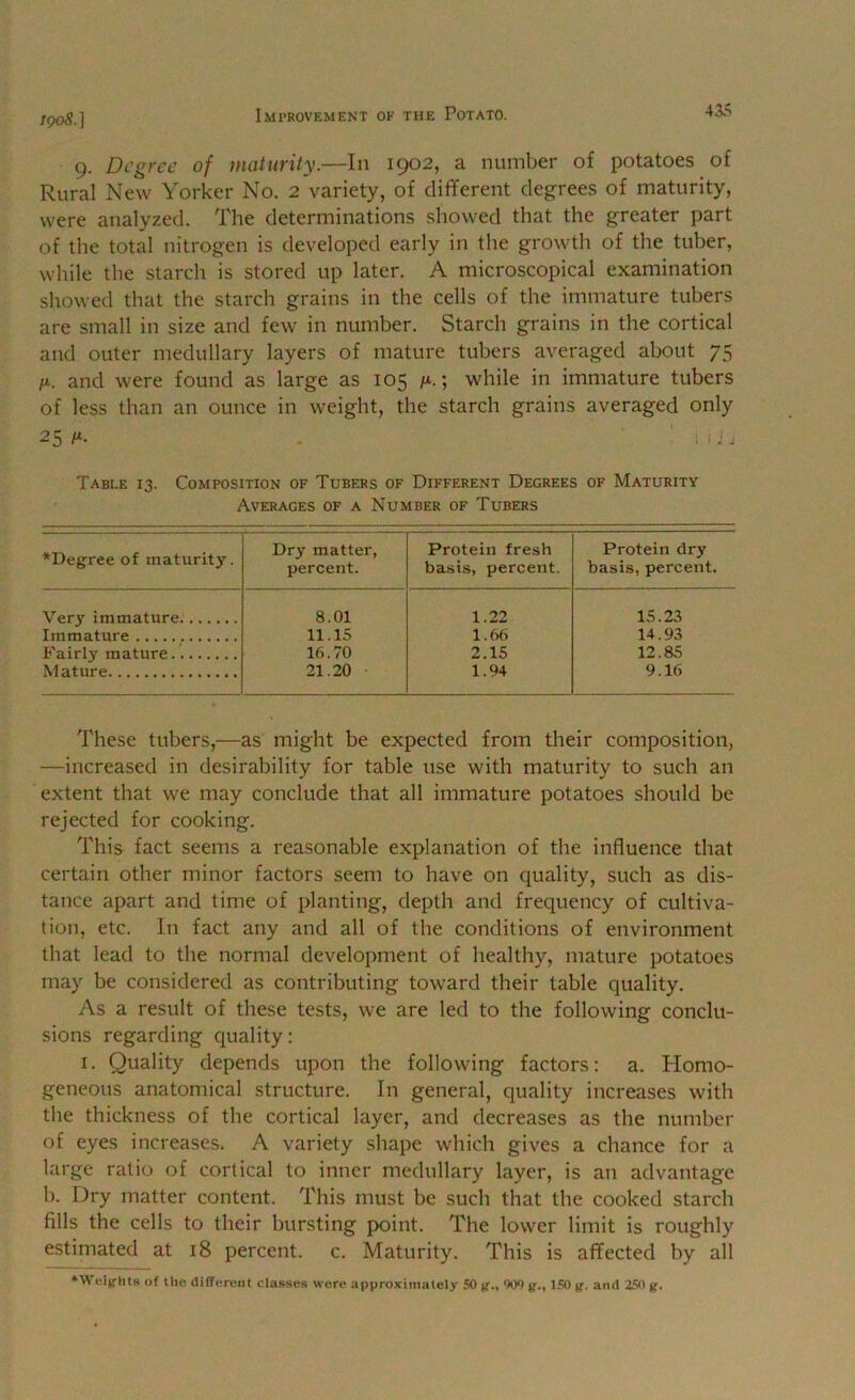 43.=; 9. Degree of maturity.—In 1902, a number of potatoes of Rural New Yorker No. 2 variety, of different degrees of maturity, were analyzed. The determinations showed that the greater part of the total nitrogen is developed early in the growth of the tuber, while the starch is stored up later. A microscopical examination showed that the starch grains in the cells of the immature tubers are small in size and few in number. Starch grains in the cortical and outer medullary layers of mature tubers averaged about 75 IJ-. and were found as large as 105 /<•.; while in immature tubers of less than an ounce in weight, the starch grains averaged only 25/^. ! Table 13. Composition of Tubers of Different Degrees of Maturity Averages of a Number of Tubers ‘Degree of maturity. Dry matter, percent. Protein fresh basis, percent. Protein dry basis, percent. Very immature. 8.01 1.22 15.23 Immature 11.15 1.66 14.93 Kairly mature 16.70 2.15 12.85 Mature 21.20 1.94 9.16 These tubers,—as might be expected from their composition, —increased in desirability for table use with maturity to such an extent that we may conclude that all immature potatoes should be rejected for cooking. This fact seems a reasonable explanation of the influence that certain other minor factors seem to have on quality, such as dis- tance apart and time of planting, depth and frequency of cultiva- tion, etc. In fact any and all of the conditions of environment that lead to the normal development of healthy, mature potatoes may be considered as contributing toward their table quality. As a result of these tests, we are led to the following conclu- sions regarding quality: I. Quality depends upon the following factors: a. Homo- geneous anatomical structure. In general, quality increases with the thickness of the cortical layer, and decreases as the number of eyes increases. A variety shape which gives a chance for a large ratio of cortical to inner medullary layer, is an advantage b. Dry matter content. This must be such that the cooked starch fills the cells to their bursting point. The lower limit is roughly estimated at 18 percent, c. Maturity. This is affected by all