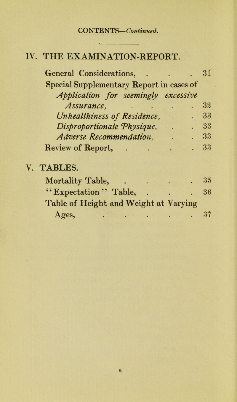 IV. THE EXAMINATION-REPORT. General Considerations, . . .31 Special Supplementary Report in cases of Application for seemingly excessive Assurance, . 32 Unhealihiness of Residence, . 33 Disproportionate ‘Physique, • 33 Adverse Recommendation, • 33 Review of Report, • • 33 TABLES. Mortality Table, • • 35 “Expectation” Table, Table of Height and Weight at • • Varying 36 Ages, - 37