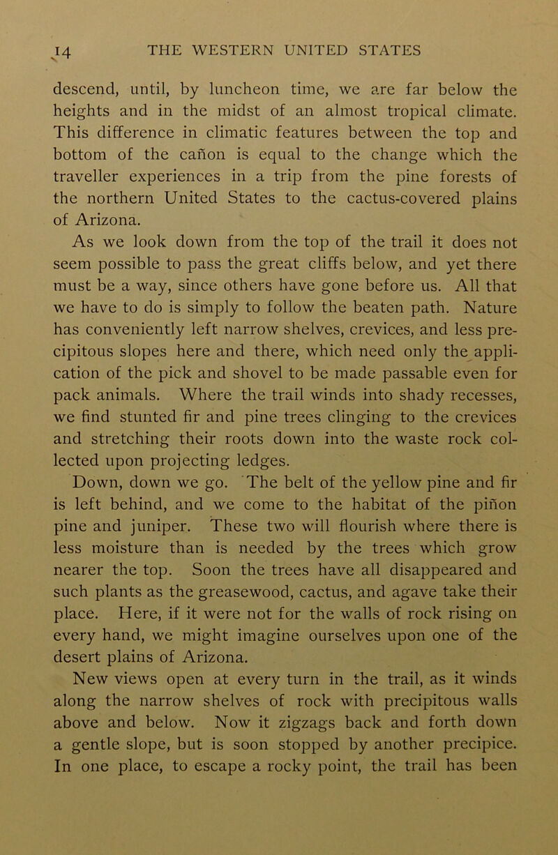 descend, until, by luncheon time, we are far below the heights and in the midst of an almost tropical climate. This difference in climatic features between the top and bottom of the canon is equal to the change which the traveller experiences in a trip from the pine forests of the northern United States to the cactus-covered plains of Arizona. As we look down from the top of the trail it does not seem possible to pass the great cliffs below, and yet there must be a way, since others have gone before us. All that we have to do is simply to follow the beaten path. Nature has conveniently left narrow shelves, crevices, and less pre- cipitous slopes here and there, which need only the appli- cation of the pick and shovel to be made passable even for pack animals. Where the trail winds into shady recesses, we find stunted fir and pine trees clinging to the crevices and stretching their roots down into the waste rock col- lected upon projecting ledges. Down, down we go. The belt of the yellow pine and fir is left behind, and we come to the habitat of the pinon pine and juniper. These two will flourish where there is less moisture than is needed by the trees which grow nearer the top. Soon the trees have all disappeared and such plants as the greasewood, cactus, and agave take their place. Here, if it were not for the walls of rock rising on every hand, we might imagine ourselves upon one of the desert plains of Arizona. New views open at every turn in the trail, as it winds along the narrow shelves of rock with precipitous walls above and below. Now it zigzags back and forth down a gentle slope, but is soon stopped by another precipice. In one place, to escape a rocky point, the trail has been