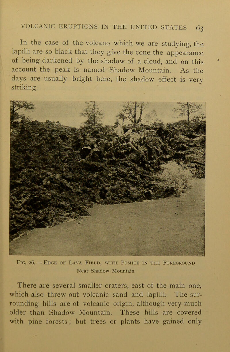 In the case of the volcano which we are studying, the lapilli are so black that they give the cone the appearance of being darkened by the shadow of a cloud, and on this account the peak is named Shadow Mountain. As the days are usually bright here, the shadow effect is very striking. Fig. 26. — Edge of Lava Field, with Pumice in the Foreground Near Shadow Mountain There are several smaller craters, east of the main one, which also threw out volcanic sand and lapilli. The sur- rounding hills are of volcanic origin, although very much older than Shadow Mountain. These hills are covered with pine forests; but trees or plants have gained only