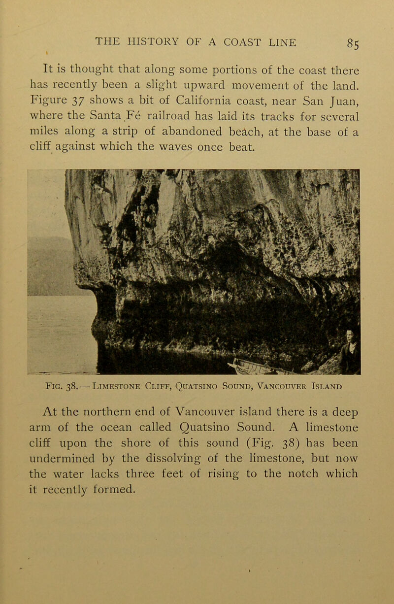 It is thought that along some portions of the coast there has recently been a slight upward movement of the land. Figure 37 shows a bit of California coast, near San Juan, where the Santa Fe railroad has laid its tracks for several miles along a strip of abandoned bedch, at the base of a cliff against which the waves once beat. Fig. 38. — Limestone Cliff, Quatsino Sound, Vancouver Island At the northern end of Vancouver island there is a deep arm of the ocean called Quatsino Sound. A limestone cliff upon the shore of this sound (Fig. 38) has been undermined by the dissolving of the limestone, but now the water lacks three feet of rising to the notch which it recently formed.