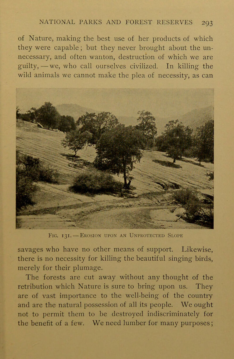 of Nature, making the best use of her products of which they were capable; but they never brought about the un- necessary, and often wanton, destruction of which we are guilty,—we, who call ourselves civilized. In killing the wild animals we cannot make the plea of necessity, as can Fig. i 3 i . — Erosion upon an Unprotected Slope savages who have no other means of support. Likewise, there is no necessity for killing the beautiful singing birds, merely for their plumage. The forests are cut away without any thought of the retribution which Nature is sure to bring upon us. They are of vast importance to the well-being of the country and are the natural possession of all its people. We ought not to permit them to be destroyed indiscriminately for the benefit of a few. We need lumber for many purposes;