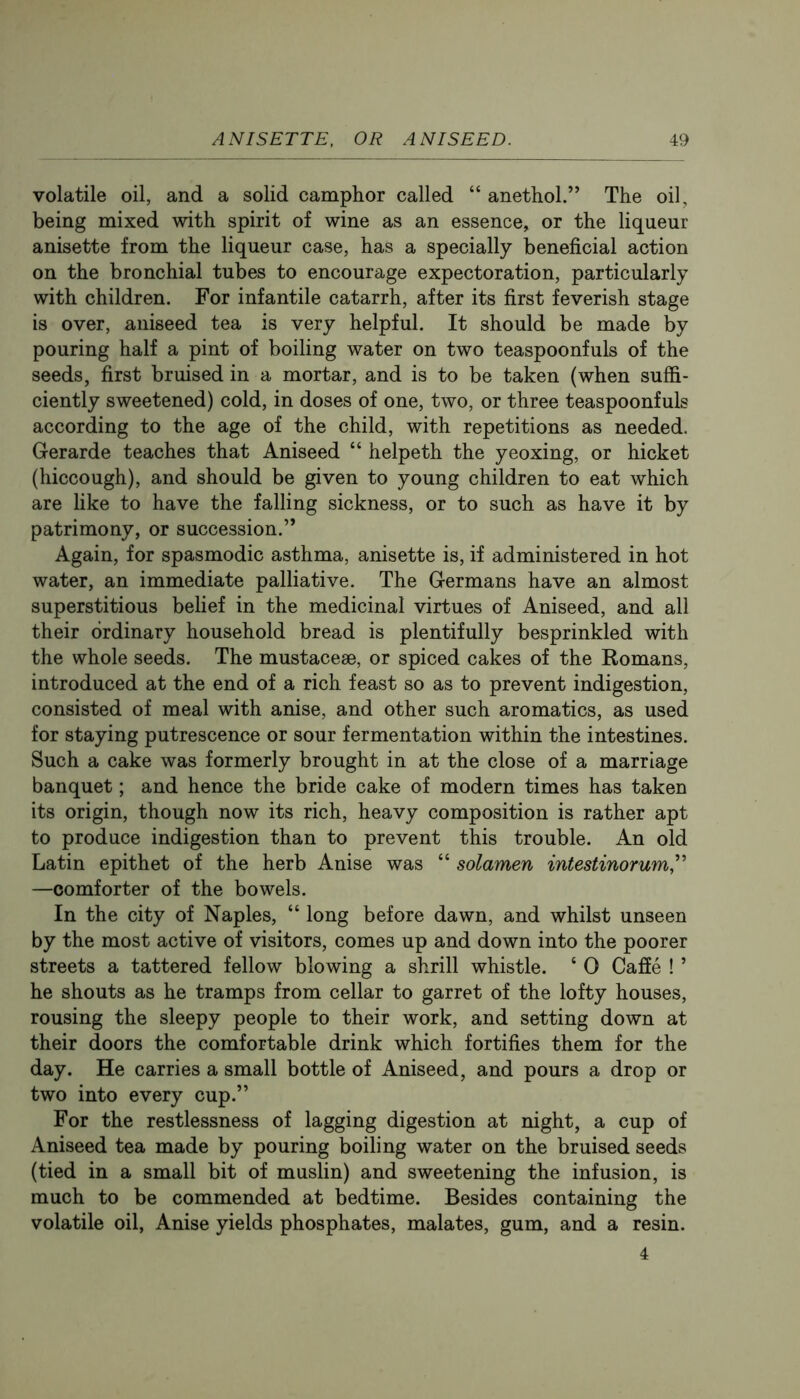 volatile oil, and a solid camphor called “ anethol.” The oil, being mixed with spirit of wine as an essence, or the liqueur anisette from the liqueur case, has a specially beneficial action on the bronchial tubes to encourage expectoration, particularly with children. For infantile catarrh, after its first feverish stage is over, aniseed tea is very helpful. It should be made by pouring half a pint of boiling water on two teaspoonfuls of the seeds, first bruised in a mortar, and is to be taken (when suffi- ciently sweetened) cold, in doses of one, two, or three teaspoonfuls according to the age of the child, with repetitions as needed. Gerarde teaches that Aniseed “ helpeth the yeoxing, or hicket (hiccough), and should be given to young children to eat which are like to have the falling sickness, or to such as have it by patrimony, or succession.” Again, for spasmodic asthma, anisette is, if administered in hot water, an immediate palliative. The Germans have an almost superstitious belief in the medicinal virtues of Aniseed, and all their ordinary household bread is plentifully besprinkled with the whole seeds. The mustacesB, or spiced cakes of the Romans, introduced at the end of a rich feast so as to prevent indigestion, consisted of meal with anise, and other such aromatics, as used for staying putrescence or sour fermentation within the intestines. Such a cake was formerly brought in at the close of a marriage banquet; and hence the bride cake of modern times has taken its origin, though now its rich, heavy composition is rather apt to produce indigestion than to prevent this trouble. An old Latin epithet of the herb Anise was “ solamen intestinorum,^^ —comforter of the bowels. In the city of Naples, “ long before dawn, and whilst unseen by the most active of visitors, comes up and down into the poorer streets a tattered fellow blowing a shrill whistle. ‘ 0 Caffe ! ’ he shouts as he tramps from cellar to garret of the lofty houses, rousing the sleepy people to their work, and setting down at their doors the comfortable drink which fortifies them for the day. He carries a small bottle of Aniseed, and pours a drop or two into every cup.” For the restlessness of lagging digestion at night, a cup of Aniseed tea made by pouring boiling water on the bruised seeds (tied in a small bit of muslin) and sweetening the infusion, is much to be commended at bedtime. Besides containing the volatile oil, Anise yields phosphates, malates, gum, and a resin. 4