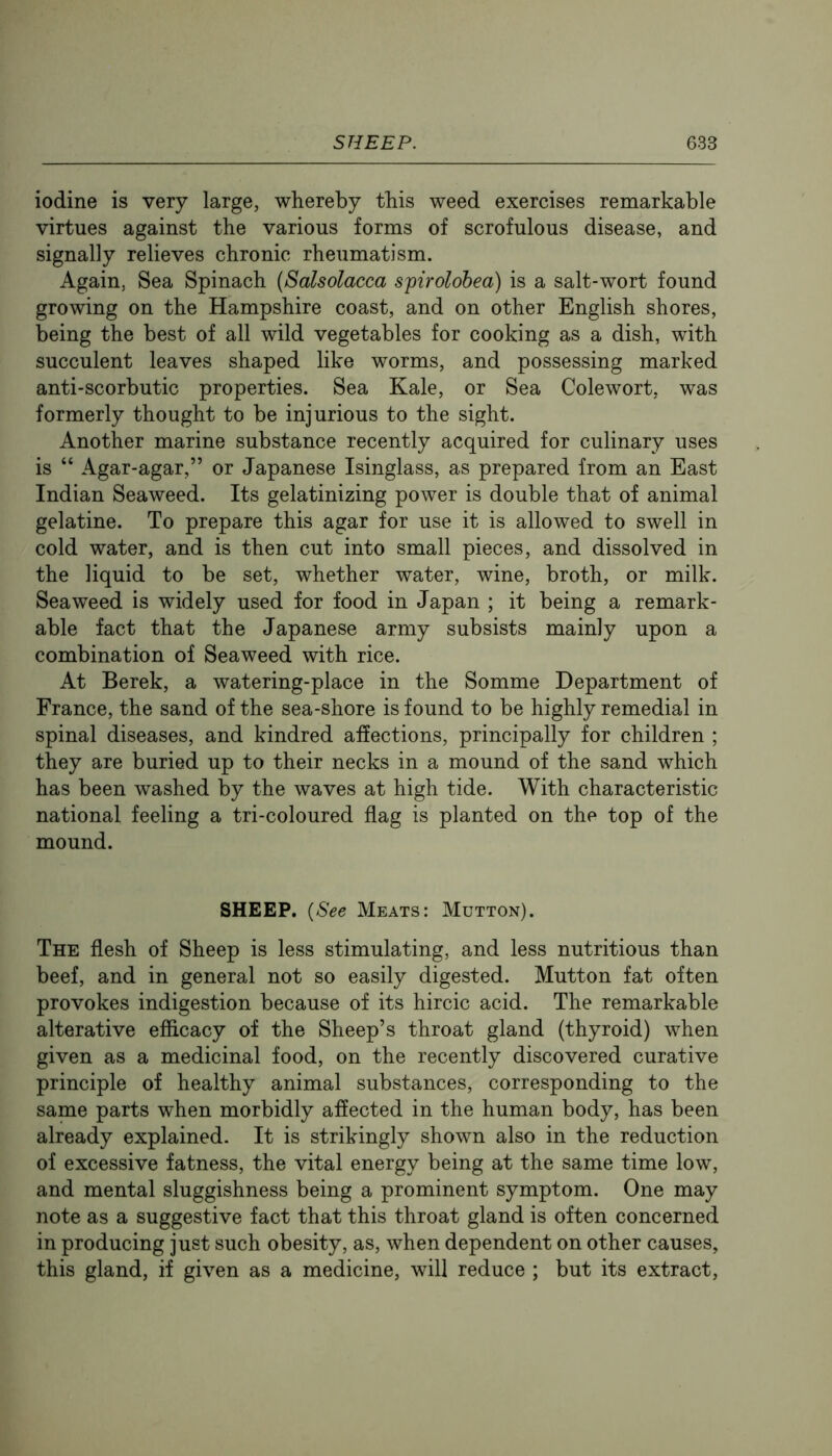 iodine is very large, whereby this weed exercises remarkable virtues against the various forms of scrofulous disease, and signally relieves chronic rheumatism. Again, Sea Spinach (Salsolacca spirolobea) is a salt-wort found growing on the Hampshire coast, and on other English shores, being the best of all wild vegetables for cooking as a dish, with succulent leaves shaped like worms, and possessing marked anti-scorbutic properties. Sea Kale, or Sea Colewort, was formerly thought to be injurious to the sight. Another marine substance recently acquired for culinary uses is “ Agar-agar,” or Japanese Isinglass, as prepared from an East Indian Seaweed. Its gelatinizing power is double that of animal gelatine. To prepare this agar for use it is allowed to swell in cold water, and is then cut into small pieces, and dissolved in the liquid to be set, whether water, wine, broth, or milk. Seaweed is widely used for food in Japan ; it being a remark- able fact that the Japanese army subsists mainly upon a combination of Seaweed with rice. At Berek, a watering-place in the Somme Department of France, the sand of the sea-shore is found to be highly remedial in spinal diseases, and kindred affections, principally for children ; they are buried up to their necks in a mound of the sand which has been washed by the waves at high tide. With characteristic national feeling a tri-coloured flag is planted on the top of the mound. SHEEP. {See Meats: Mutton). The flesh of Sheep is less stimulating, and less nutritious than beef, and in general not so easily digested. Mutton fat often provokes indigestion because of its hircic acid. The remarkable alterative efficacy of the Sheep’s throat gland (thyroid) when given as a medicinal food, on the recently discovered curative principle of healthy animal substances, corresponding to the same parts when morbidly affected in the human body, has been already explained. It is strikingly shown also in the reduction of excessive fatness, the vital energy being at the same time low, and mental sluggishness being a prominent symptom. One may note as a suggestive fact that this throat gland is often concerned in producing just such obesity, as, when dependent on other causes, this gland, if given as a medicine, will reduce ; but its extract.