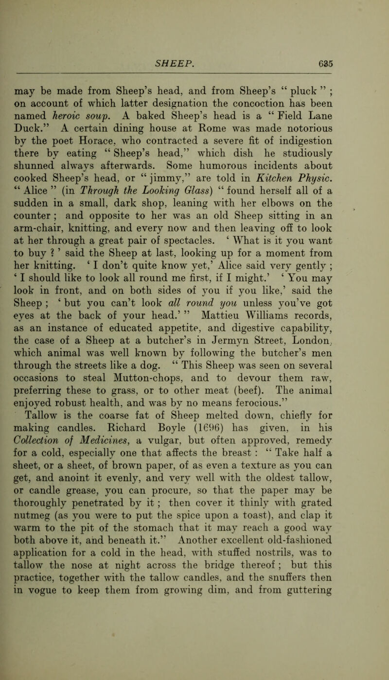 may be made from Sheep’s head, and from Sheep’s “ pluck ” ; on account of which latter designation the concoction has been named heroic soup. A baked Sheep’s head is a “ Field Lane Duck.” A certain dining house at Rome was made notorious by the poet Horace, who contracted a severe fit of indigestion there by eating “ Sheep’s head,” which dish he studiously shunned always afterwards. Some humorous incidents about cooked Sheep’s head, or “ jimmy,” are told in Kitchen Physic. “ Alice ” (in Through the Looking Glass) “ found herself all of a sudden in a small, dark shop, leaning wdth her elbows on the counter ; and opposite to her was an old Sheep sitting in an arm-chair, knitting, and every now and then leaving off to look at her through a great pair of spectacles. ‘ What is it you want to buy ? ’ said the Sheep at last, looking up for a moment from her knitting. ‘ I don’t quite know yet,’ Alice said very gently ; ‘ I should like to look all round me first, if I might.’ ‘ You may look in front, and on both sides of you if you like,’ said the Sheep ; ‘ but you can’t look all round you unless you’ve got eyes at the back of your head.’ ” Mattieu Williams records, as an instance of educated appetite, and digestive capability, the case of a Sheep at a butcher’s in Jermyn Street, London, which animal was well known by following the butcher’s men through the streets like a dog. “ This Sheep was seen on several occasions to steal Mutton-chops, and to devour them raw, preferring these to grass, or to other meat (beef). The animal enjoyed robust health, and was by no means ferocious.” Tallow is the coarse fat of Sheep melted down, chiefly for making candles. Richard Boyle (1696) has given, in his Collection of Medicines, a vulgar, but often approved, remedy for a cold, especially one that affects the breast : “ Take half a sheet, or a sheet, of brown paper, of as even a texture as you can get, and anoint it evenly, and very well with the oldest tallow, or candle grease, you can procure, so that the paper may be thoroughly penetrated by it; then cover it thinly with grated nutmeg (as you were to put the spice upon a toast), and clap it warm to the pit of the stomach that it may reach a good way both above it, and beneath it.” Another excellent old-fashioned application for a cold in the head, with stuffed nostrils, was to tallow the nose at night across the bridge thereof ; but this practice, together with the tallow candles, and the snuffers then in vogue to keep them from growing dim, and from guttering