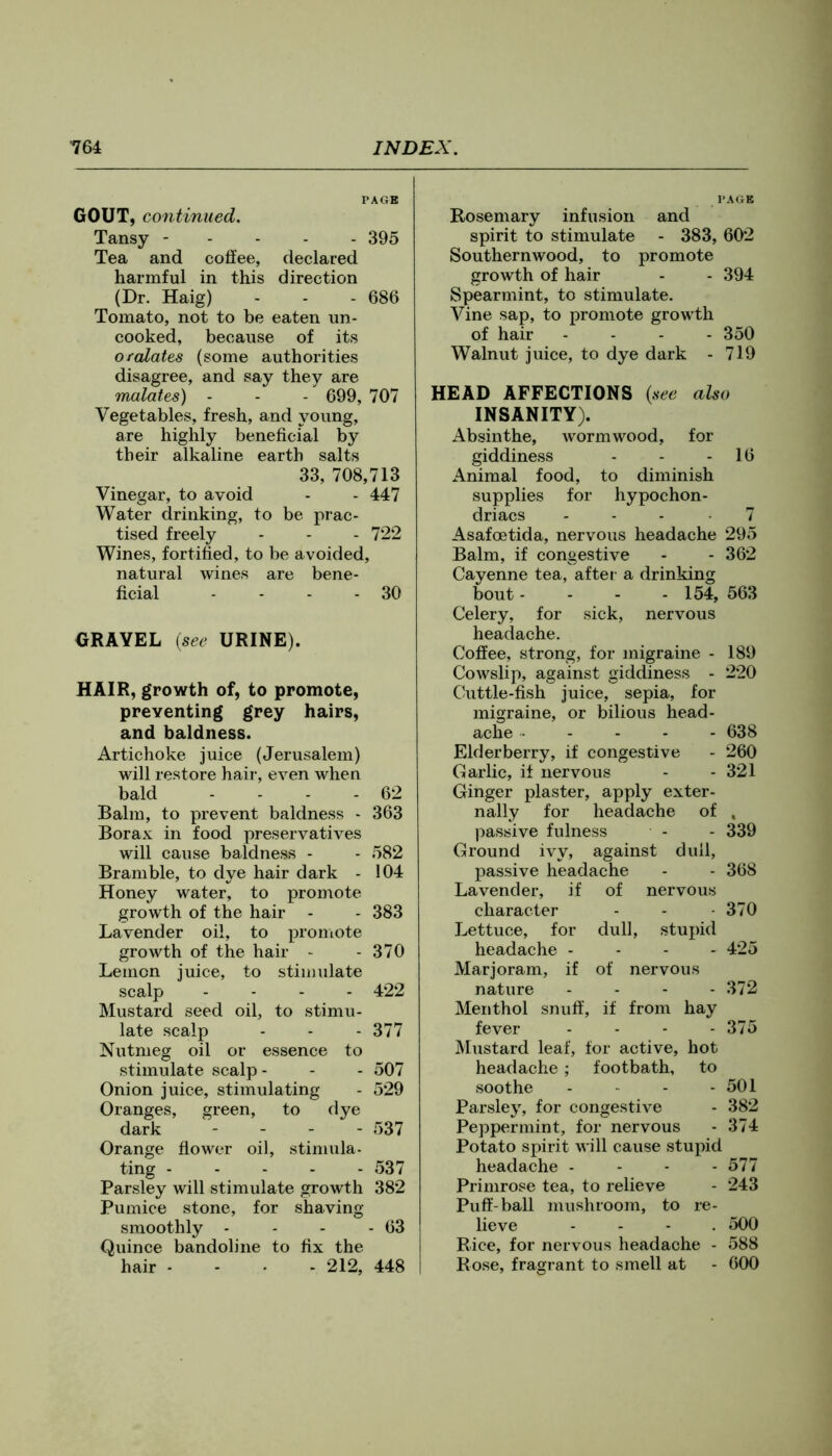 PAGE GOUT, continued. Tansy ----- 395 Tea and coffee, declared harmful in this direction (Dr. Haig) - - - 686 Tomato, not to be eaten un- cooked, because of its ofolates (some authorities disagree, and say they are malates) - - - 699, 707 Vegetables, fresh, and young, are highly beneficial by their alkaline earth salts 33, 708,713 Vinegar, to avoid - - 447 Water drinking, to be prac- tised freely - - - 722 Wines, fortified, to be avoided, natural wines are bene- ficial - - - - 30 GRAVEL {see URINE). HAIR, growth of, to promote, preventing grey hairs, and baldness. Artichoke juice (Jerusalem) will restore hair, even when bald - - - - 62 Balm, to prevent baldness - 363 Borax in food preservatives will cause baldness - - 582 Bramble, to dye hair dark - 104 Honey water, to promote growth of the hair - - 383 Lavender oil, to promote growth of the hair - - 370 Lemon juice, to stimulate scalp - - - - 422 Mustard seed oil, to stimu- late scalp - - - 377 Nutmeg oil or essence to stimulate scalp - - - 507 Onion juice, stimulating - 529 Oranges, green, to dye dark ... - 537 Orange flower oil, stimula- ting 537 Parsley will stimulate growth 382 Pumice stone, for shaving smoothly - - - - 63 Quince bandoline to fix the hair ... - 212, 448 PAGE Rosemary infusion and spirit to stimulate - 383, 602 Southernwood, to promote growth of hair - - 394 Spearmint, to stimulate. Vine sap, to promote growth of hair - - - - 350 Walnut juice, to dye dark - 719 HEAD AFFECTIONS {see also INSANITY). Absinthe, wormwood, for giddiness - - - 16 Animal food, to diminish supplies for hypochon- driacs . - - . 7 Asafoetida, nervous headache 295 Balm, if congestive - - 362 Cayenne tea, after a drinking bout - - - - 154, 563 Celery, for sick, nervous headache. Coffee, strong, for migraine - 189 Cowslip, against giddiness - 220 Cuttle-fish juice, sepia, for migraine, or bilious head- ache 638 Elderberry, if congestive - 260 Garlic, if nervous - - 321 Ginger plaster, apply exter- nally for headache of , passive fulness - - 339 Ground ivy, against dull, passive headache - - 368 Lavender, if of nervous character - - -370 Lettuce, for dull, stupid headache - - - - 425 Marjoram, if of nervous nature - - - - 372 Menthol snuff’, if from hay fever . . - - 375 Mustard leaf, for active, hot headache ; footbath, to soothe - - - 501 Parsley, for congestive - 382 Peppermint, for nervous - 374 Potato spirit will cause stupid headache - - - - 577 Primrose tea, to relieve - 243 Puff-ball mushroom, to re- lieve - - - . 500 Rice, for nervous headache - 588 Rose, fragrant to smell at - 600