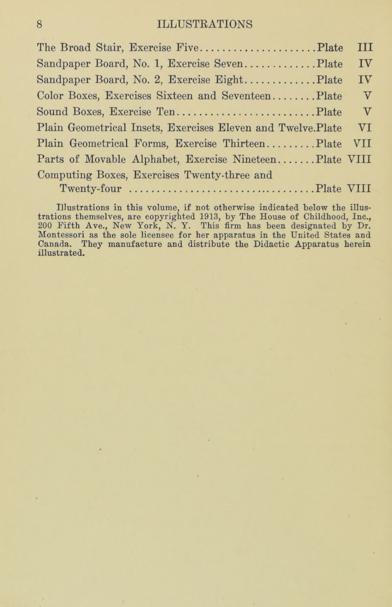 The Broad Stair, Exercise Five Plate III Sandpaper Board, No. 1, Exercise Seven Plate IV Sandpaper Board, No. 2, Exercise Eight Plate IV Color Boxes, Exercises Sixteen and Seventeen Plate V Sound Boxes, Exercise Ten Plate V Plain Geometrical Insets, Exercises Eleven and Twelve.Plate VI Plain Geometrical Forms, Exercise Thirteen Plate VII Parts of Movable Alphabet, Exercise Nineteen Plate VIII Computing Boxes, Exercises Twenty-three and Twenty-four Plate VIII Illustrations in this volume, if not otherwise indicated below the illus- trations themselves, are copyrighted 1913, by The House of Childhood, Inc., 200 Fifth Ave., New York, N. Y. This firm has been designated by Dr. Montessori as the sole licensee for her apparatus in the United States and Canada. They manufacture and distribute the Didactic Apparatus herein illustrated.